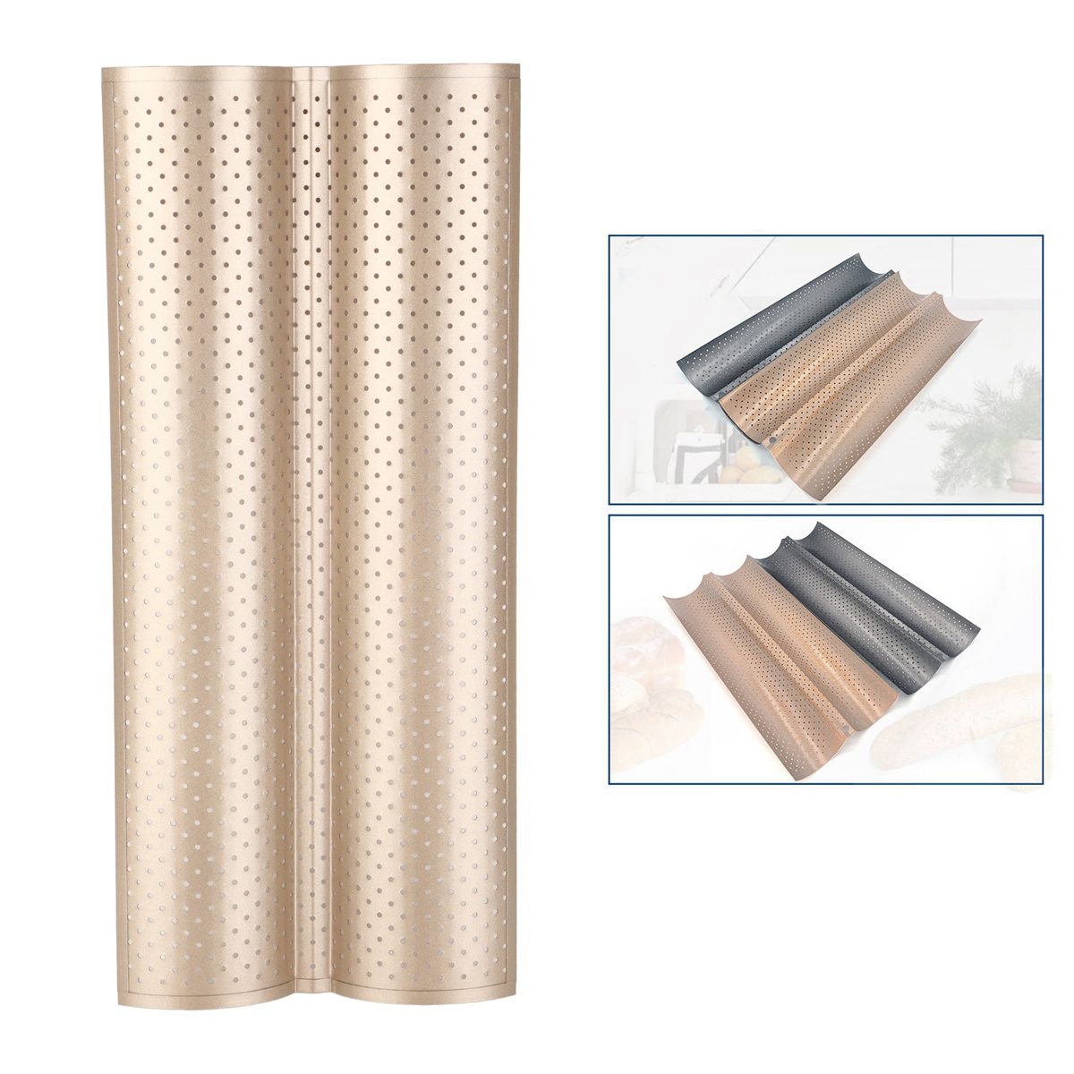 Eine beige, perforierte Backform. Zwei kleinere Bilder zeigen verschiedene Formen und Formen.