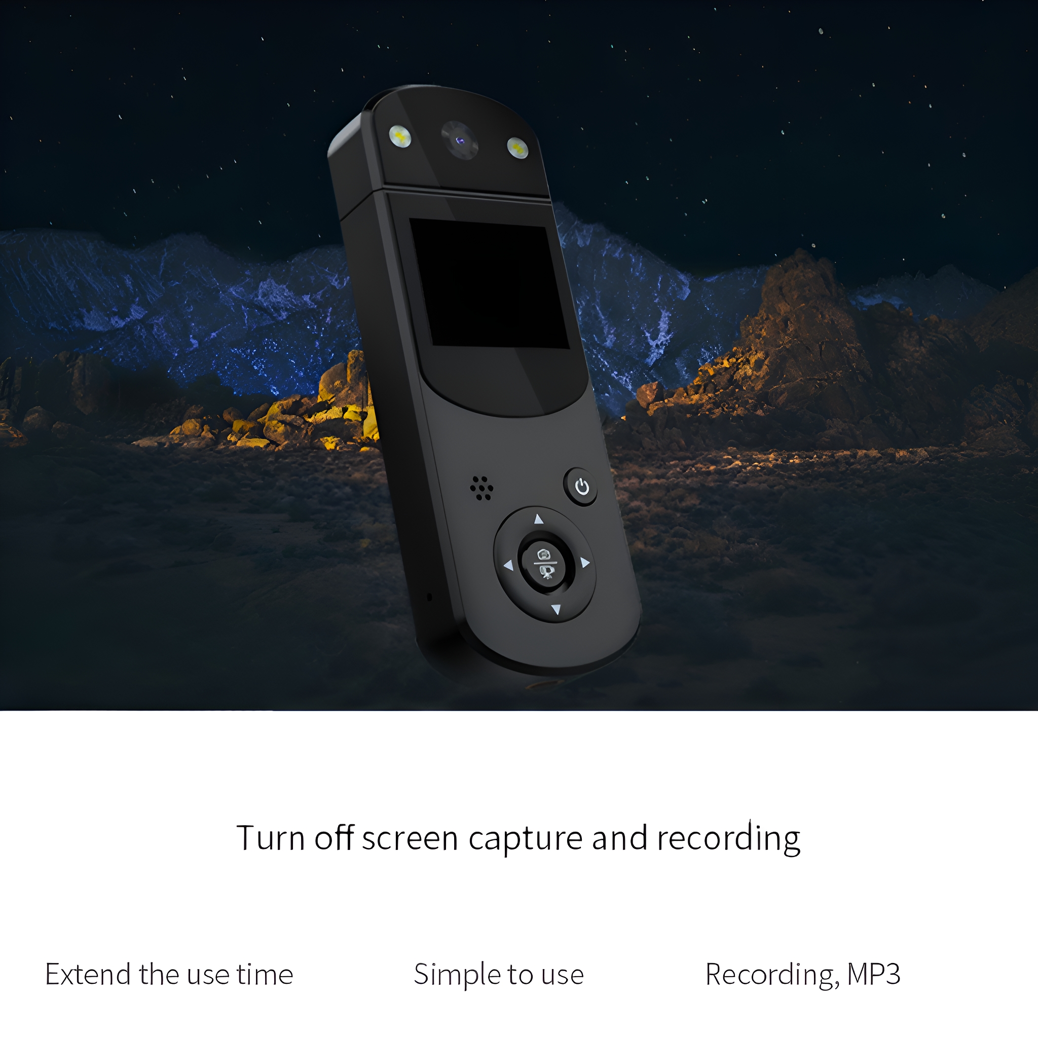 Ein schwarzes Handheld-Gerät mit Bildschirm, Knöpfen und einem Nachthintergrund.