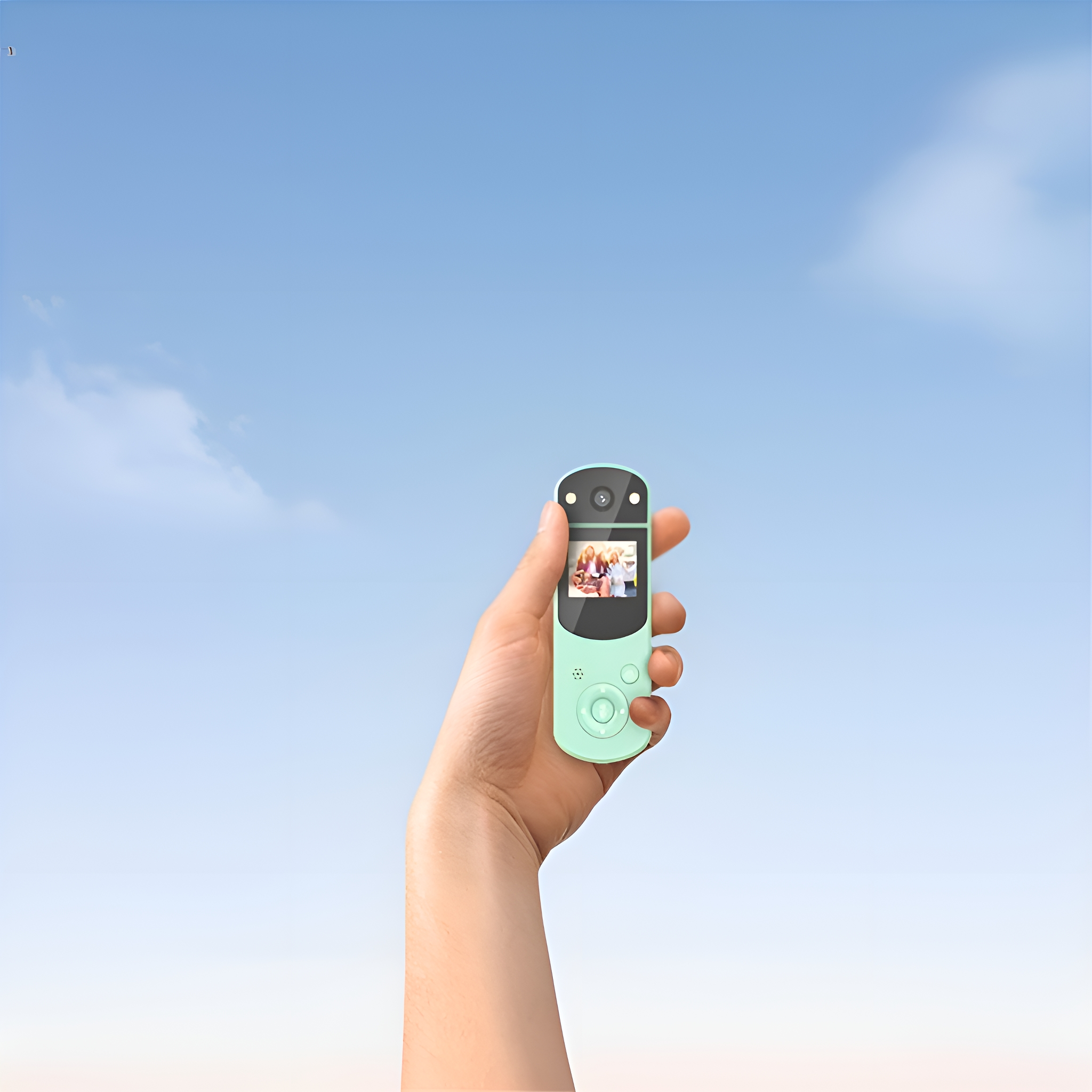 Hand, die ein mintgrünes Gerät hält und eine Gruppe von Menschen auf einem Bildschirm zeigt. Blauer Himmel.