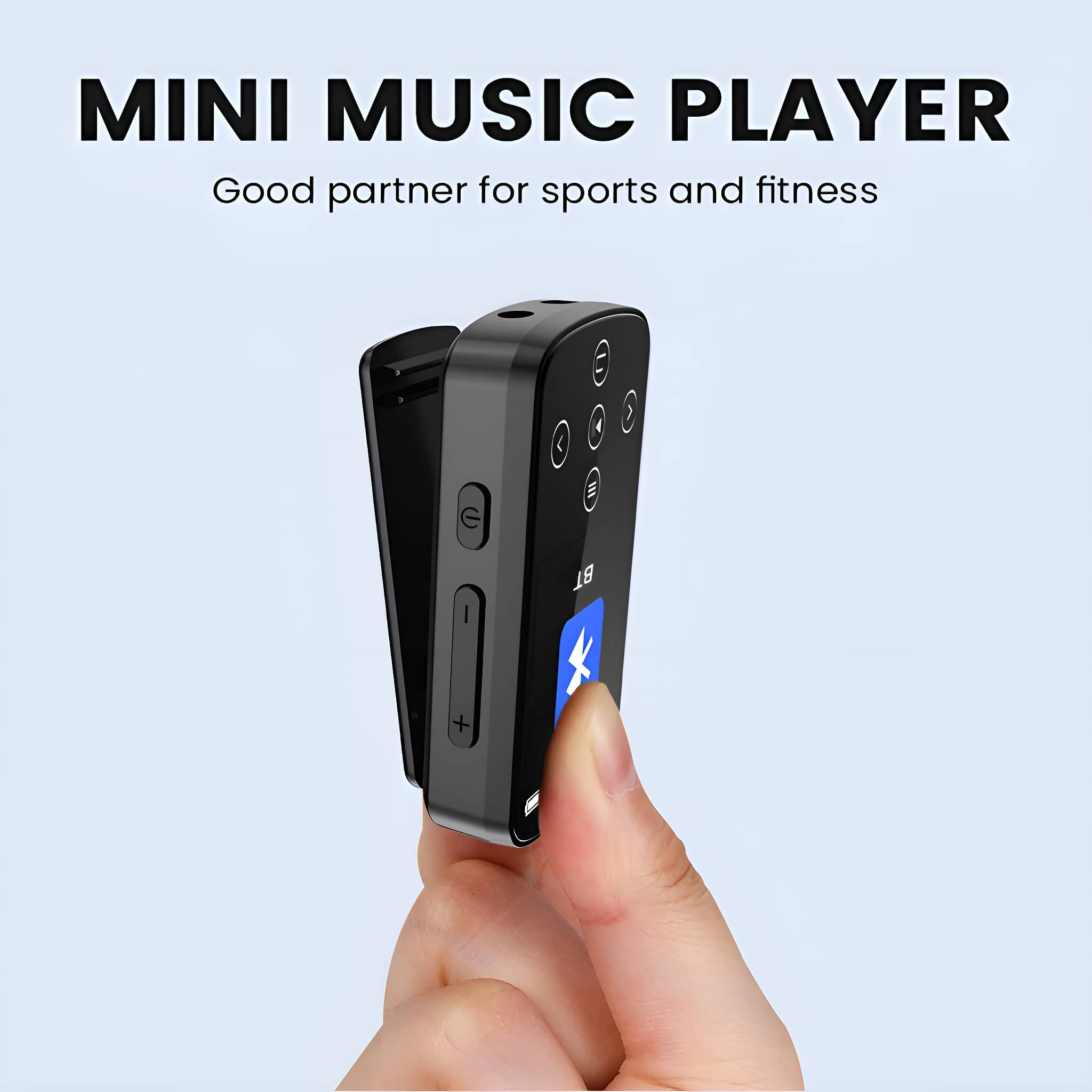 Schwarzer Mini-Musik-Player, der von einer Hand gehalten wird. Er hat Knöpfe und ein blaues Bluetooth-Logo.