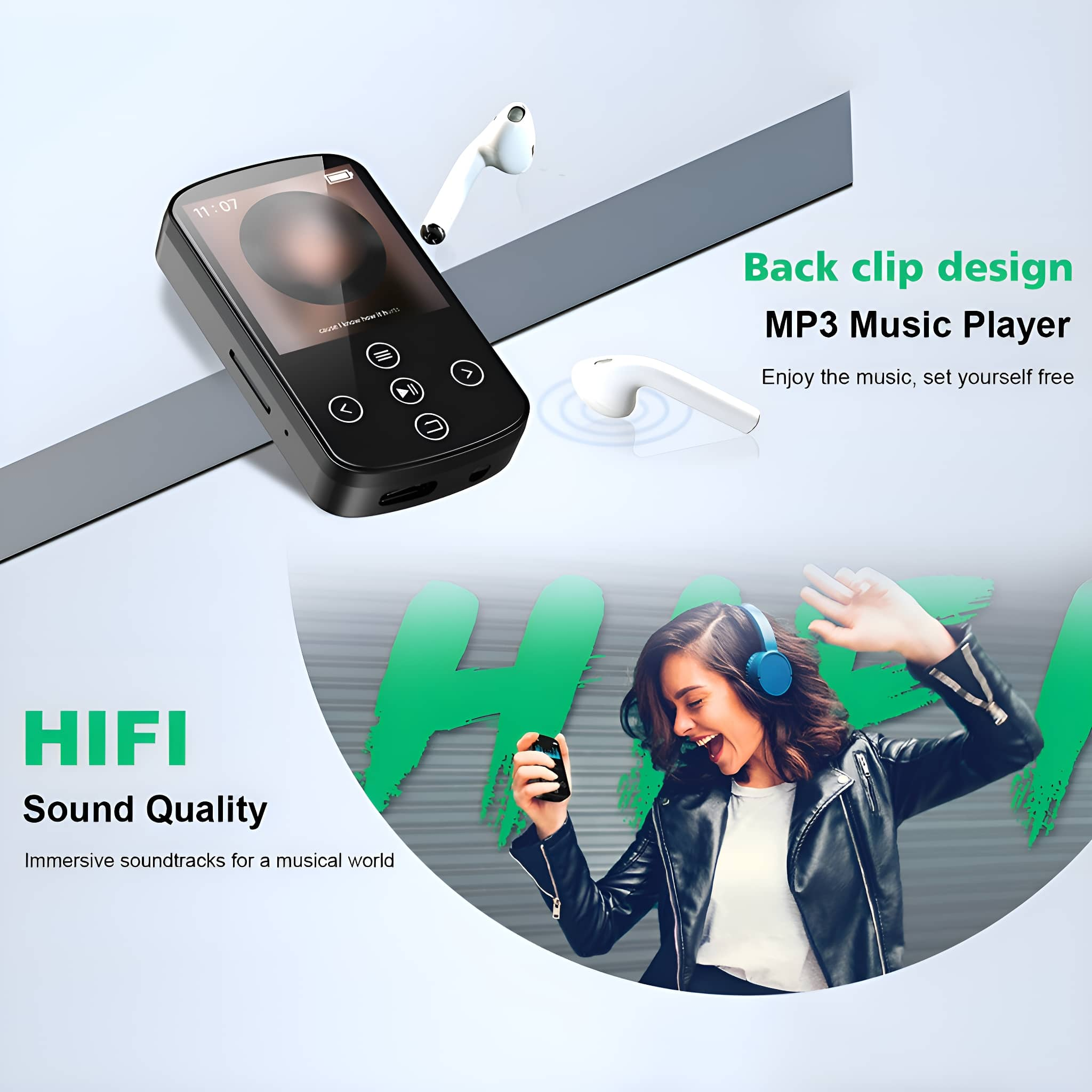 Schwarzer MP3-Player mit weißen Ohrhörern. Frau hält den Player, Grafiken im Hintergrund.