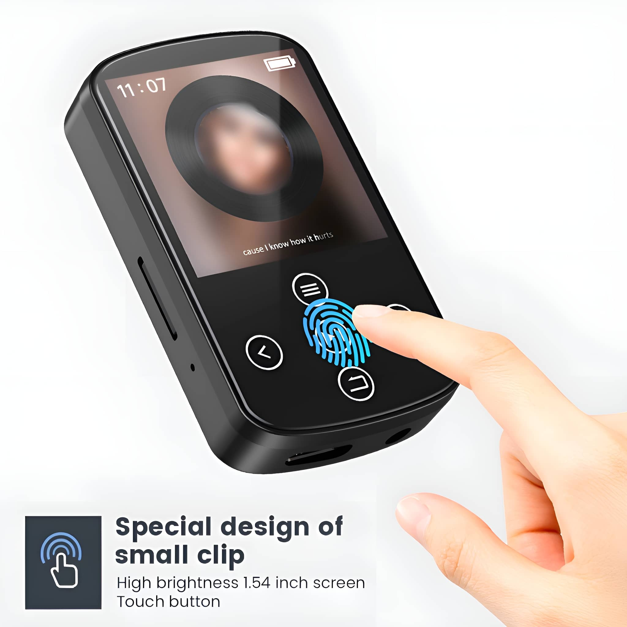 Schwarzer MP3-Player mit Fingerabdrucksensor und einer Hand, die den Bildschirm berührt.