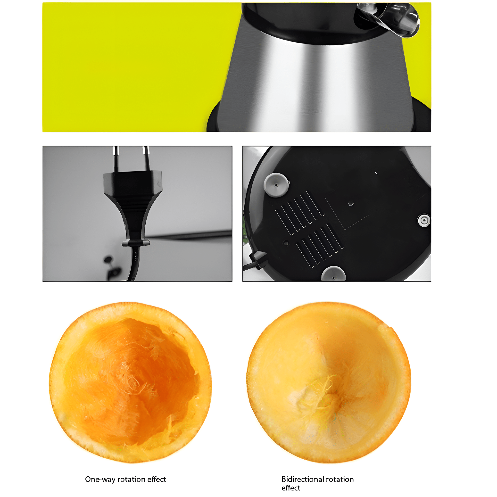 Nahaufnahme einer leeren Orange mit zwei Hälften, mit Details einer Saftpresse darüber.