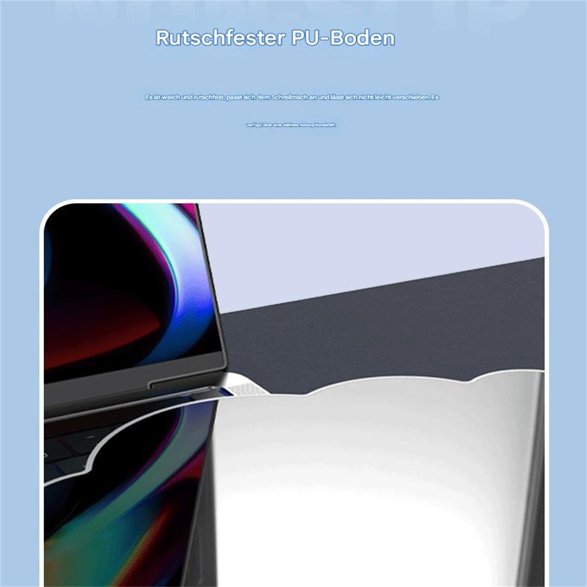 Laptop und weiße Oberfläche mit blauem und grauem Hintergrund. Text: Rutschfester PU-Boden.