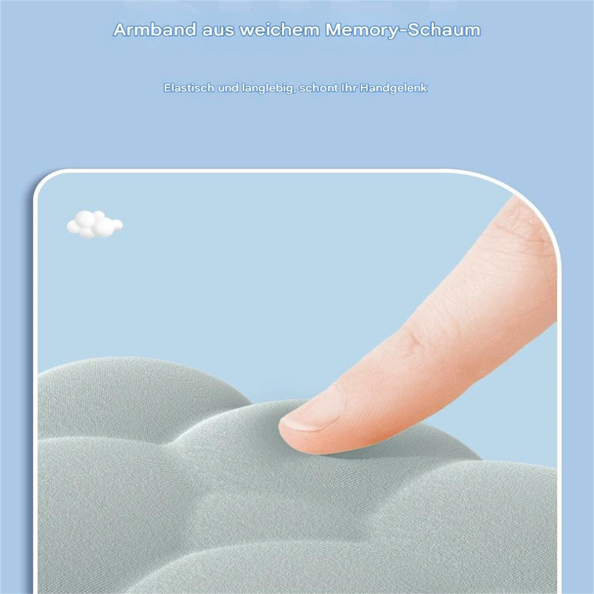 Eine Hand drückt auf eine graue Memory-Schaum-Oberfläche, mit Text über Weichheit und Elastizität.
