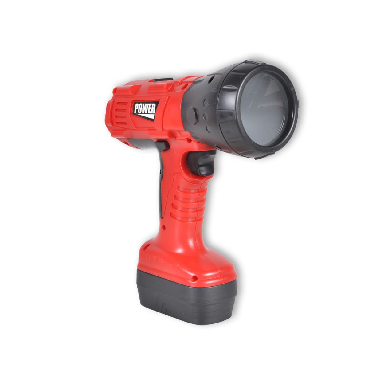 Rote und schwarze Taschenlampe. Hat eine schwarze Linse und einen roten Griff mit dem Wort POWER darauf.