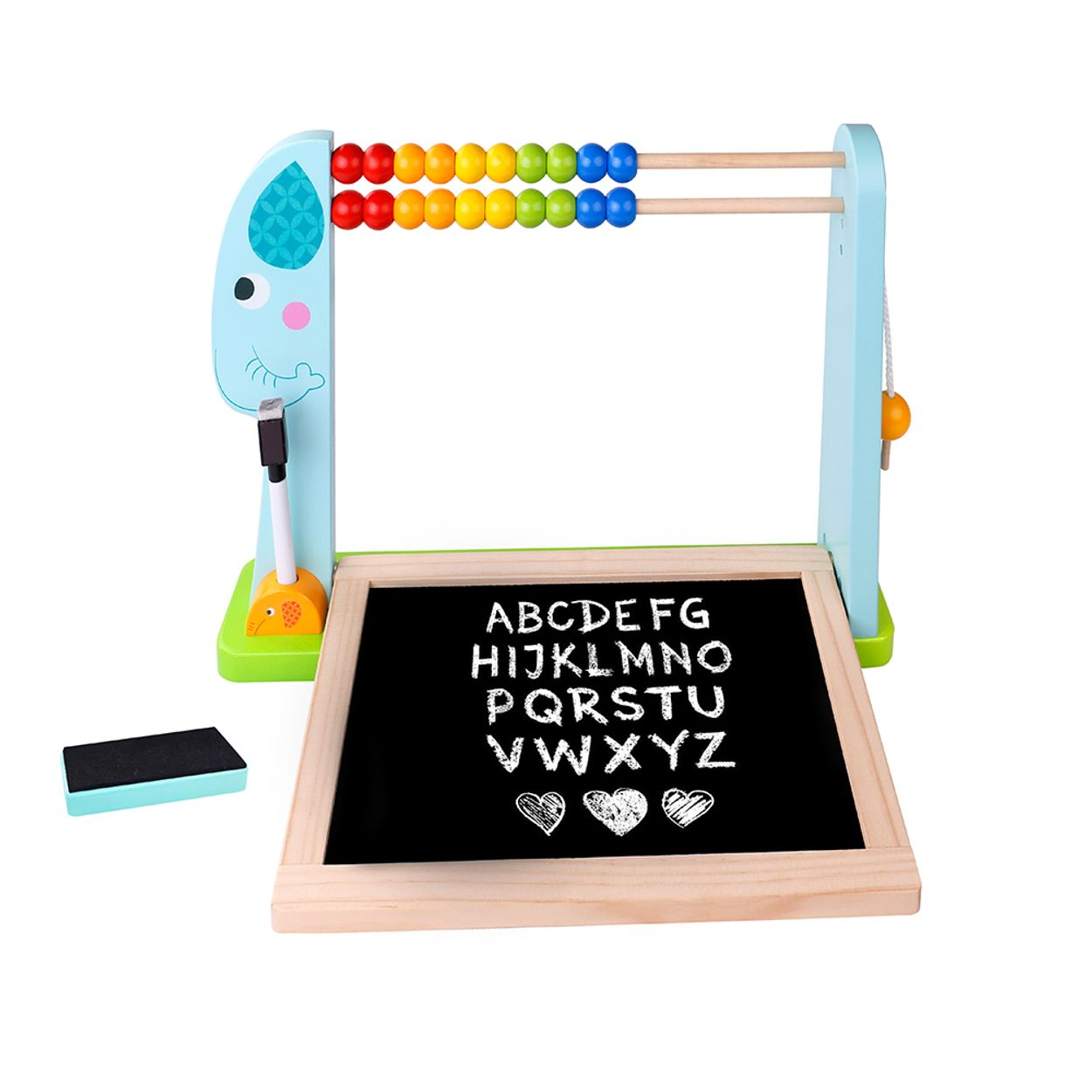 Lernspielzeug aus Holz. Es hat einen Abakus, eine Tafel mit Buchstaben und einen Radiergummi.