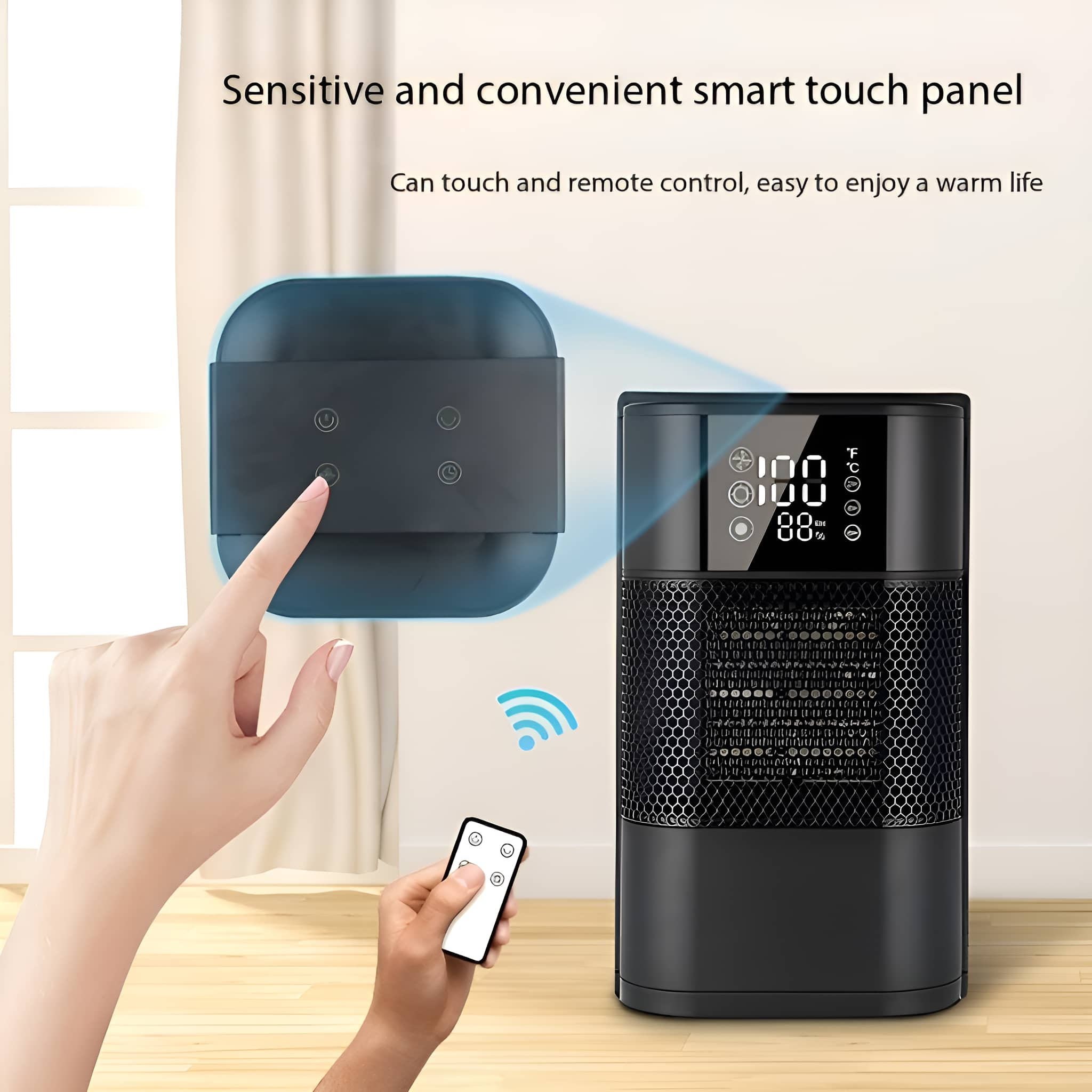 Eine intelligente Heizung mit Touchpanel und Fernbedienung in Betrieb.