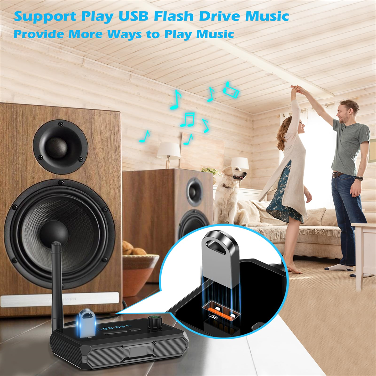 Ein Paar tanzt in der Nähe von Lautsprechern. Ein USB-Stick ist mit einem Telefon verbunden.
