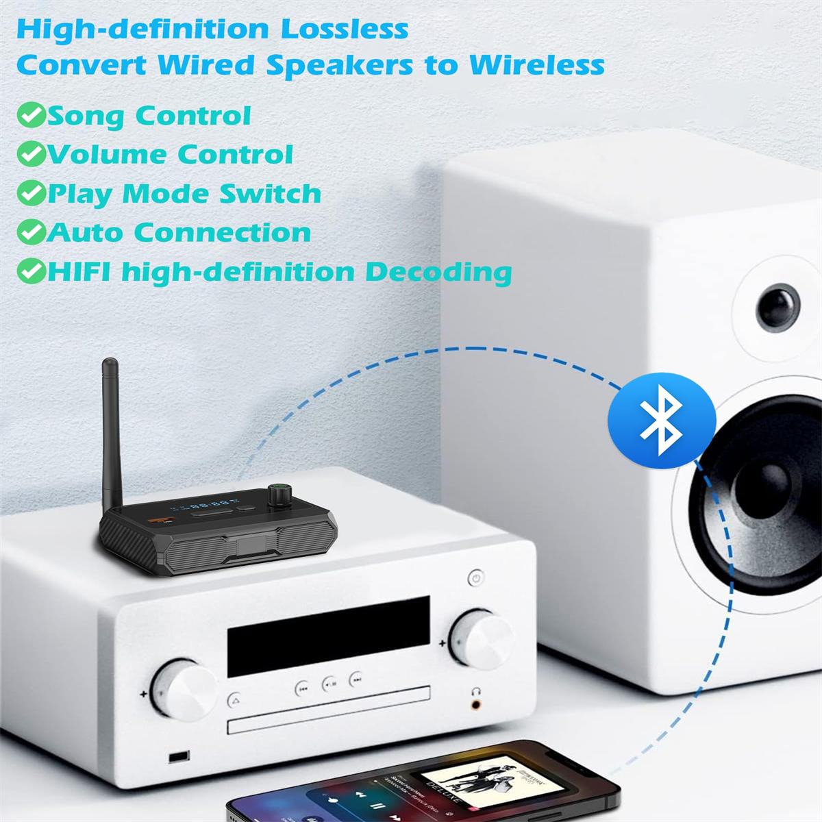 Kabelloses Audiogerät, Bedienelemente, Lautsprecher und Handy mit Musik.