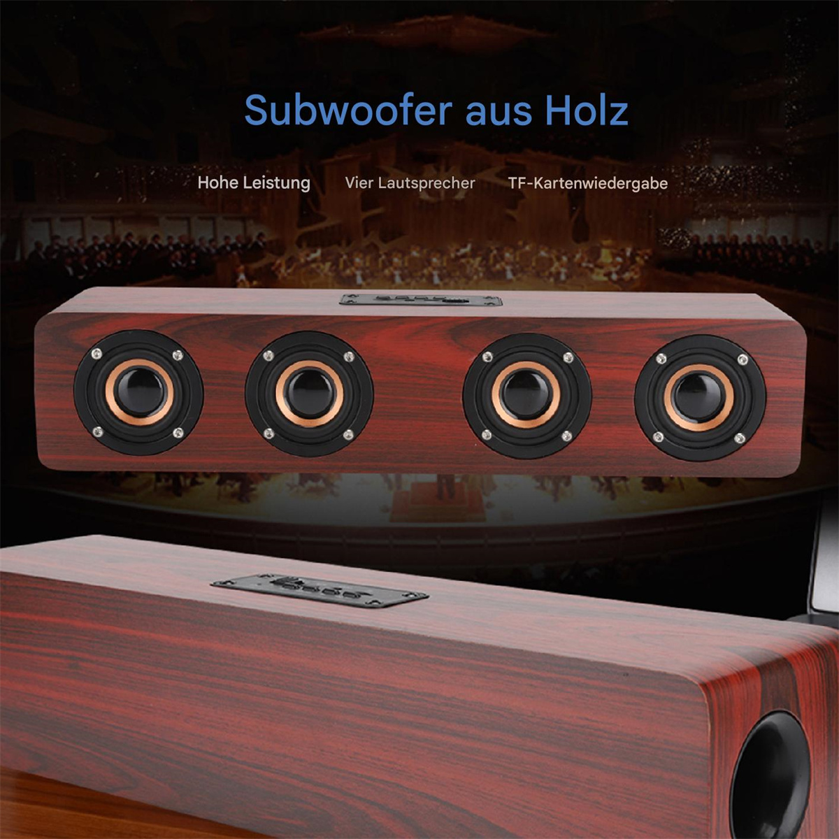 Subwoofer aus Holz mit vier Lautsprechern und Text. Es ist dunkelrotbraun.