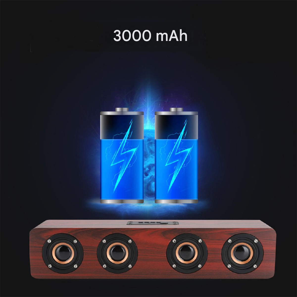 Ein hölzerner Lautsprecher mit vier kreisförmigen Lautsprechern vorne und zwei Batterien darüber.