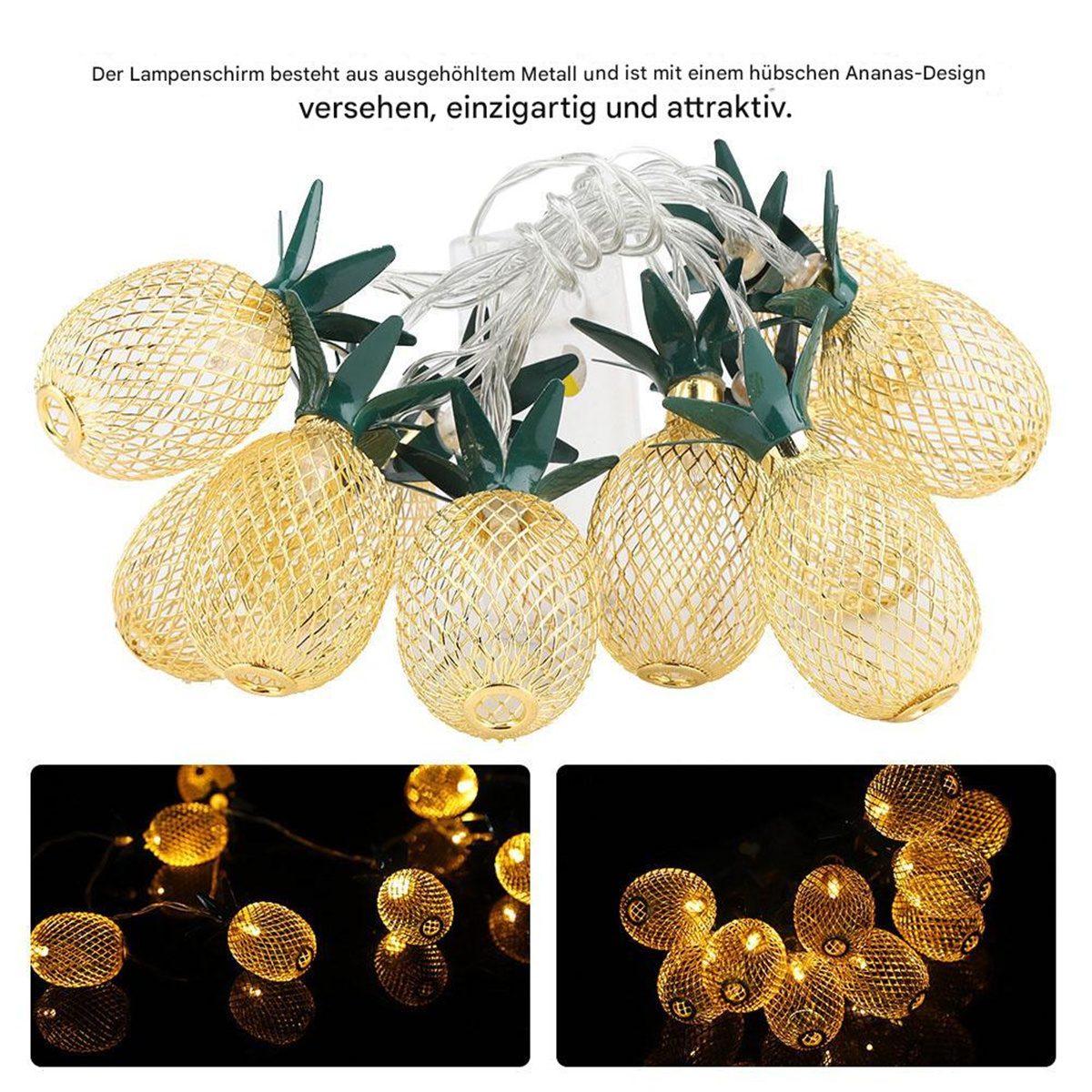Lichterkette mit goldfarbenen Lampen in Ananasform. Zwei Zusatzbilder vorhanden.