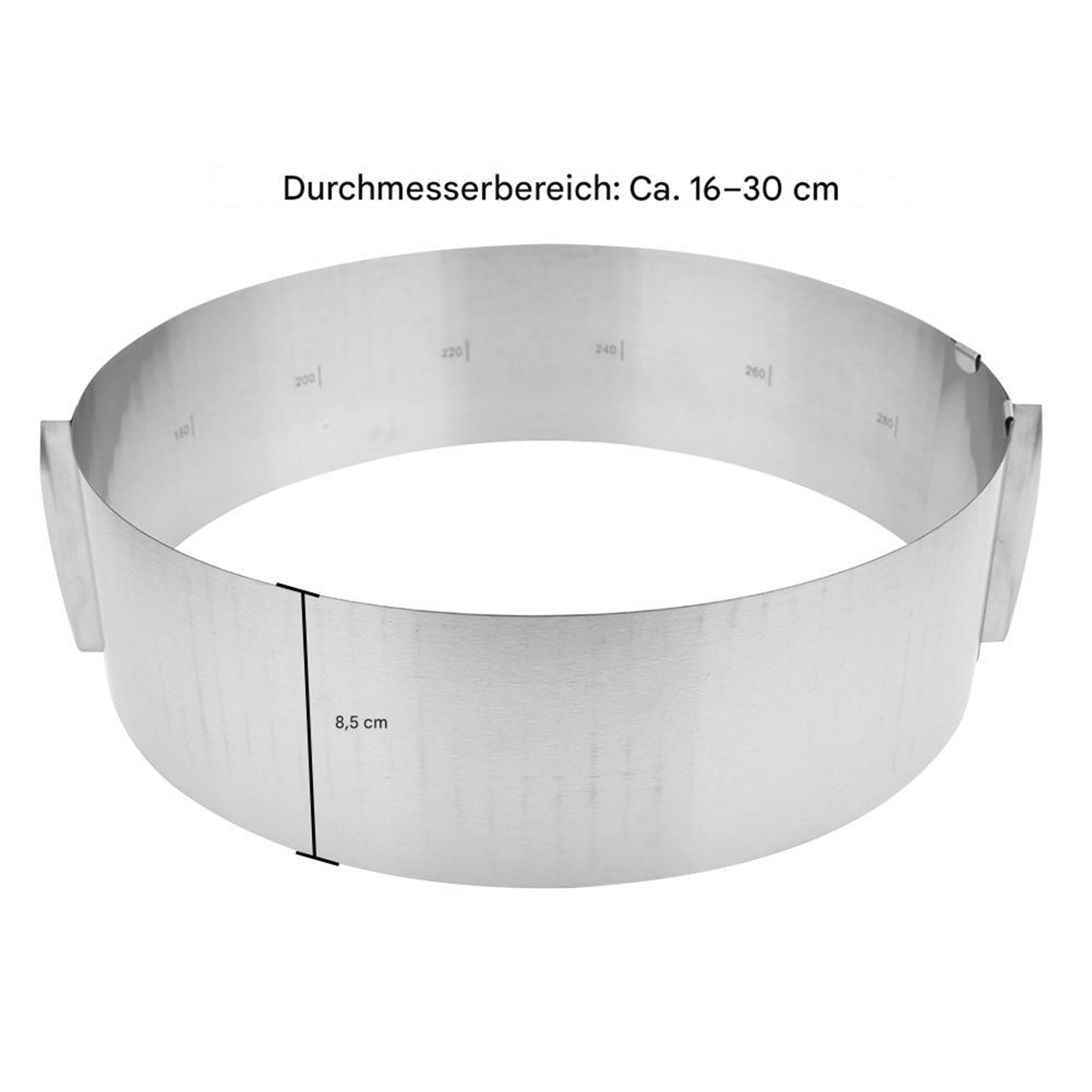Silberner Edelstahlring mit Maßangaben. Text: Durchmesserbereich: Ca. 16-30 cm.