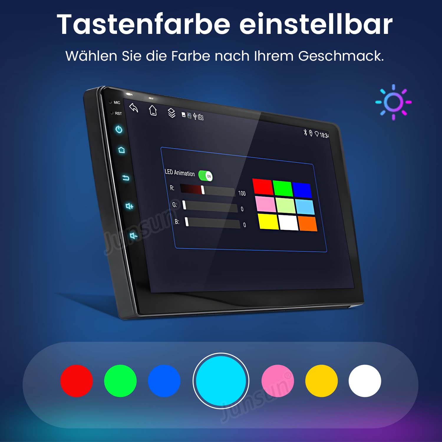 Touchscreen-Display mit Farboptionen. Verschiedene Farbkreise darunter, glühender Punkt. Dunkelblauer Hintergrund.