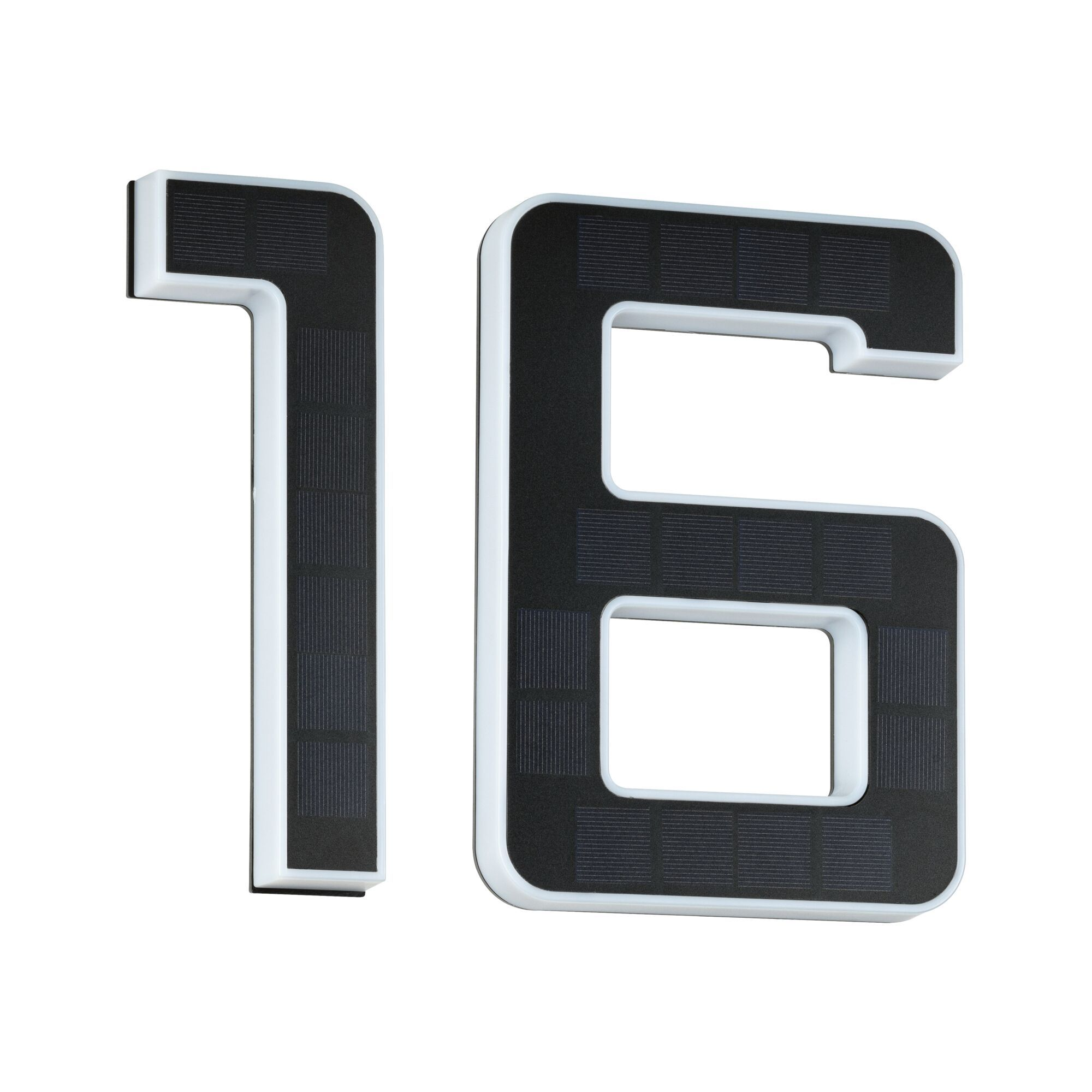 Czarno-biały znak solarny z numerem 16, z białymi obramowaniami, na białym tle.