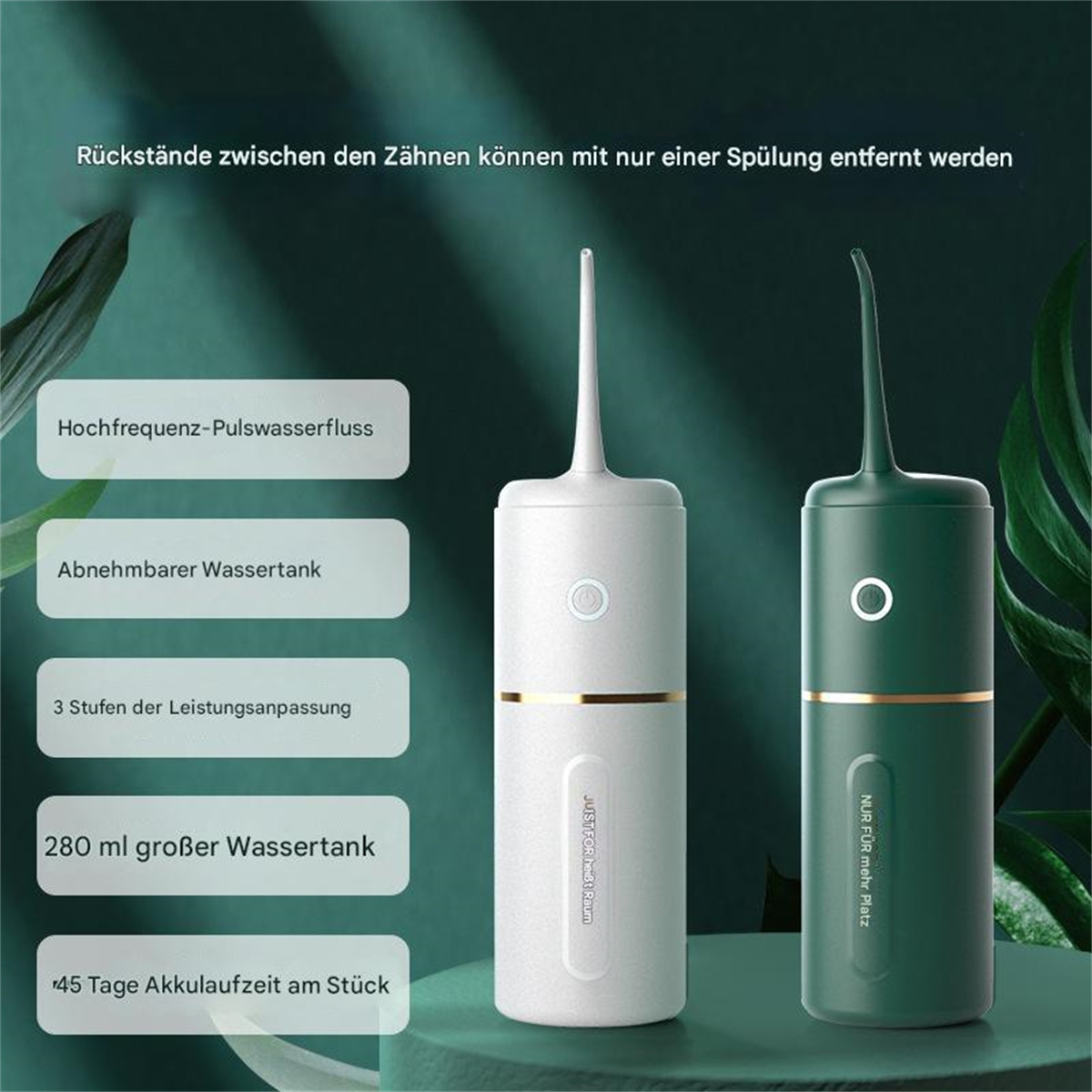Zwei weiße und grüne Zahn-Wasser-Flosser mit Textbeschriftungen.