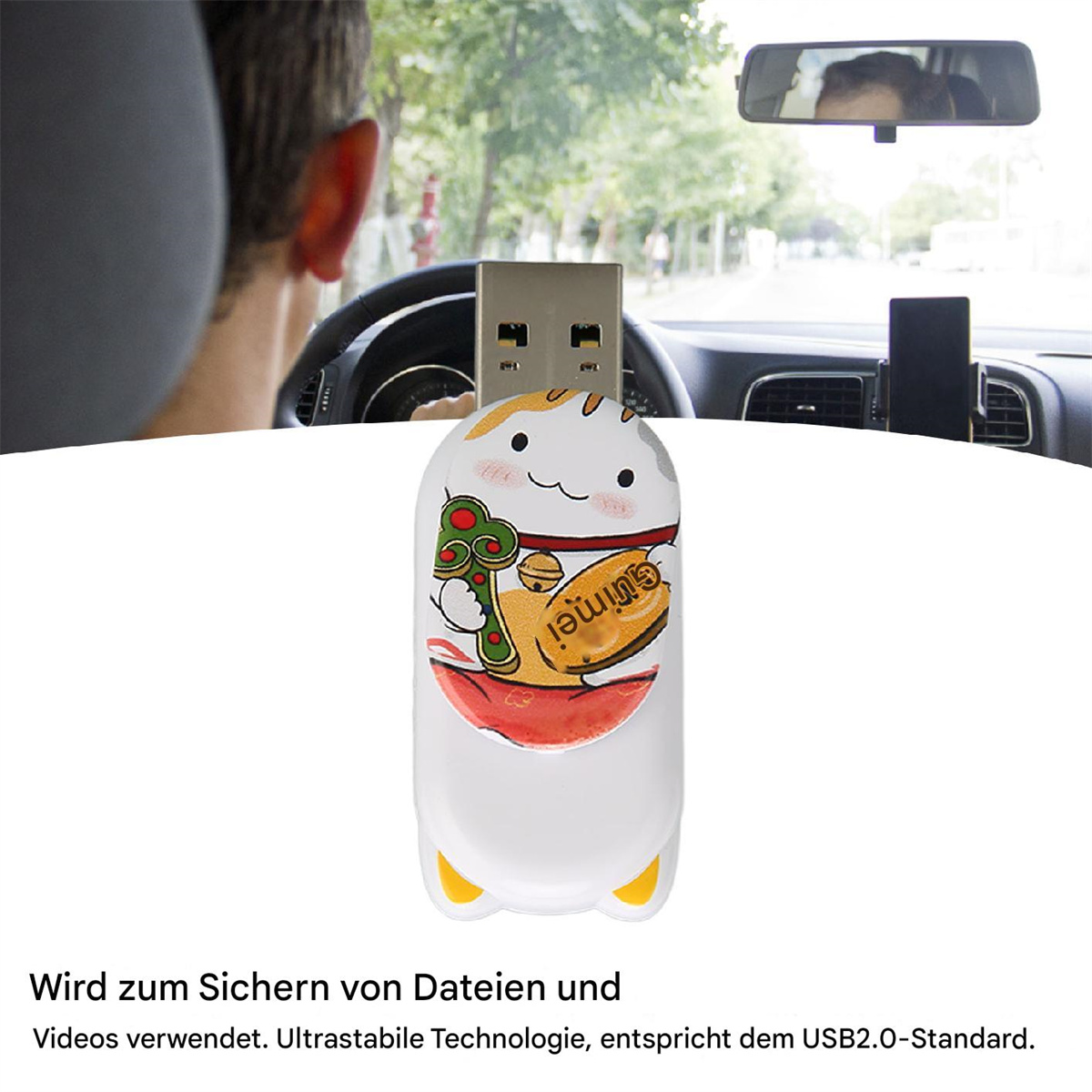 Ein USB-Stick in Katzenform mit Text darauf, in einem Auto mit einer Person am Steuer.