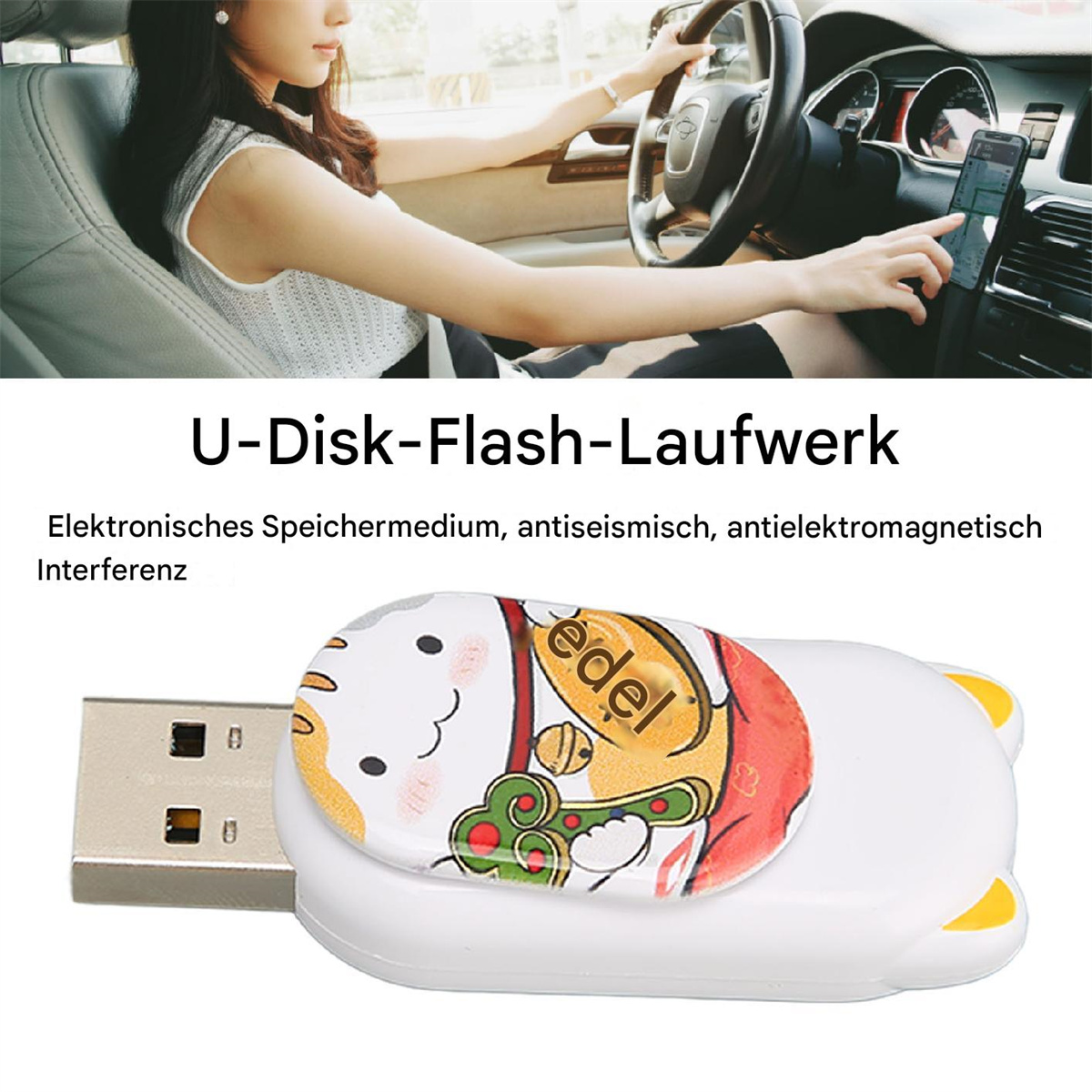 Ein USB-Stick in Form einer weißen Katze mit buntem Aufkleber. Text: U-Disk-Flash-Laufwerk.
