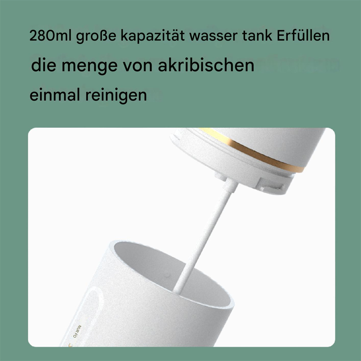 Ein weißes Gerät mit langem Strohhalm. Der Text oben lautet 280 ml Wassertankkapazität.