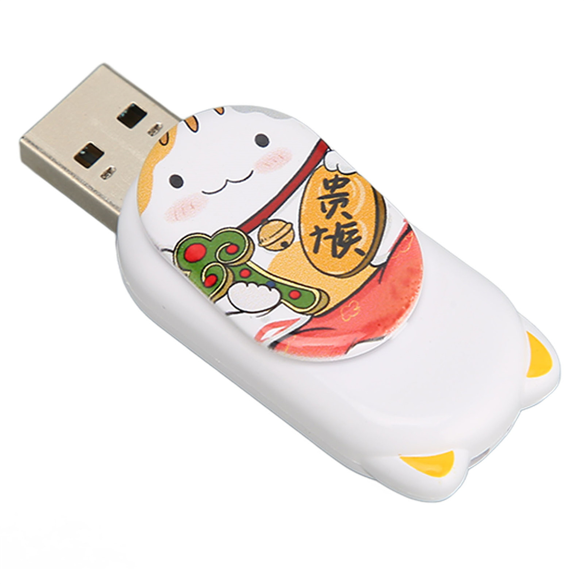Weißer USB-Stick mit Katzen-Design. Die Katze hält eine Goldmünze.