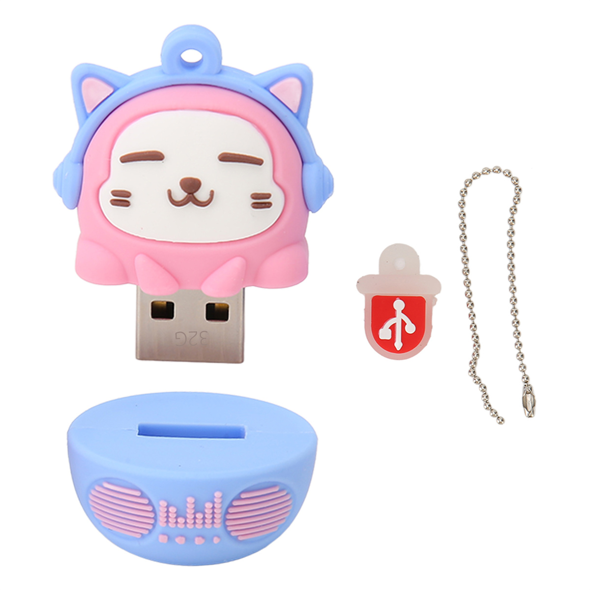 Rosa und blauer USB-Stick mit Cartoon-Katzen-Design, mit Abdeckung.