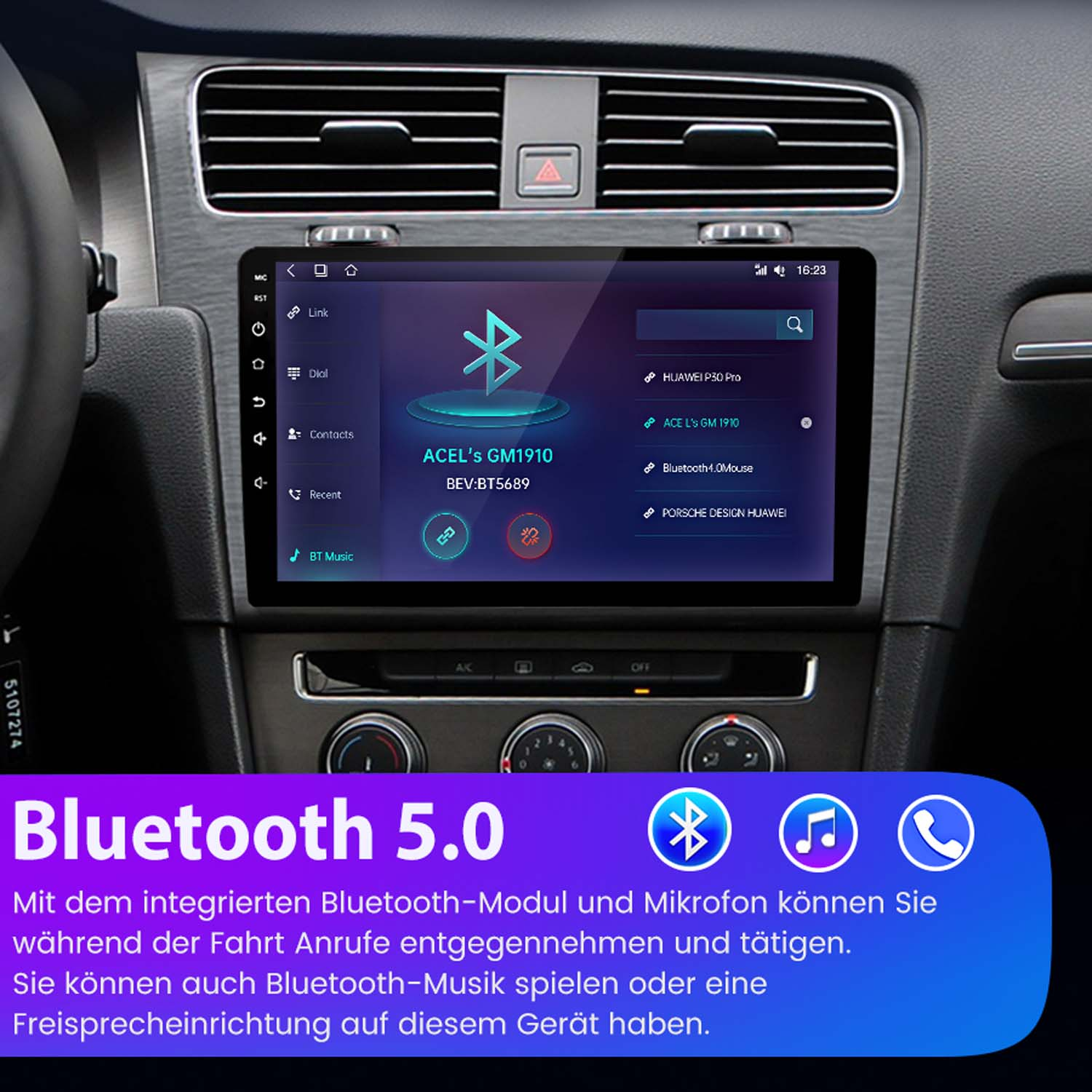 Deska rozdzielcza samochodu z ekranem wyświetlającym ustawienia, logo Bluetooth i dodatkowe ikony.