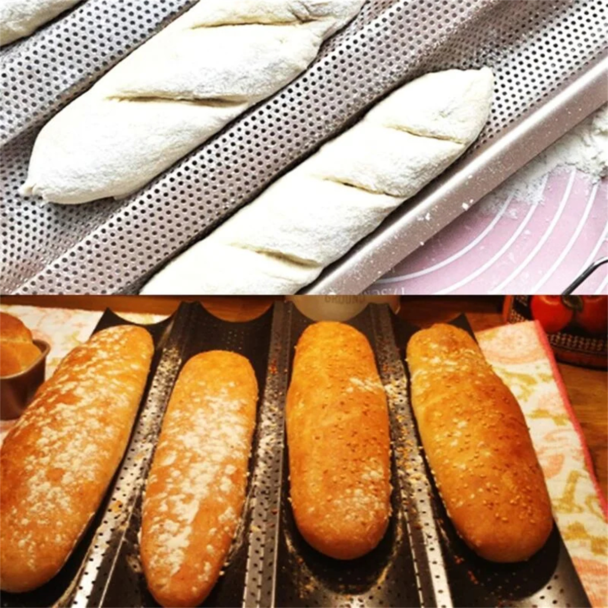 Baguettes in Schalen. Eine Schale hat rohen Teig, die andere Brot.
