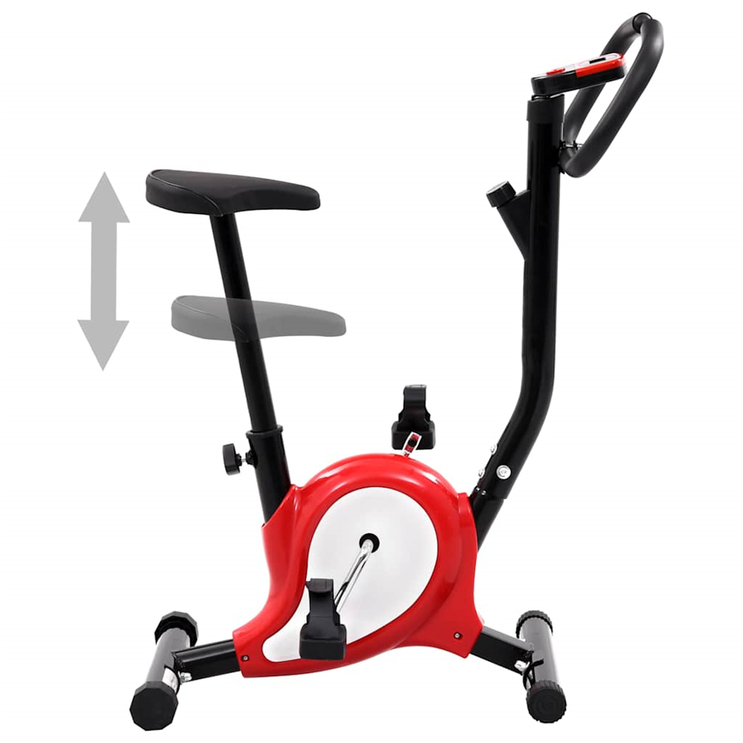 Rotes und schwarzes stationäres Trainingsfahrrad mit verstellbarem Sitz.