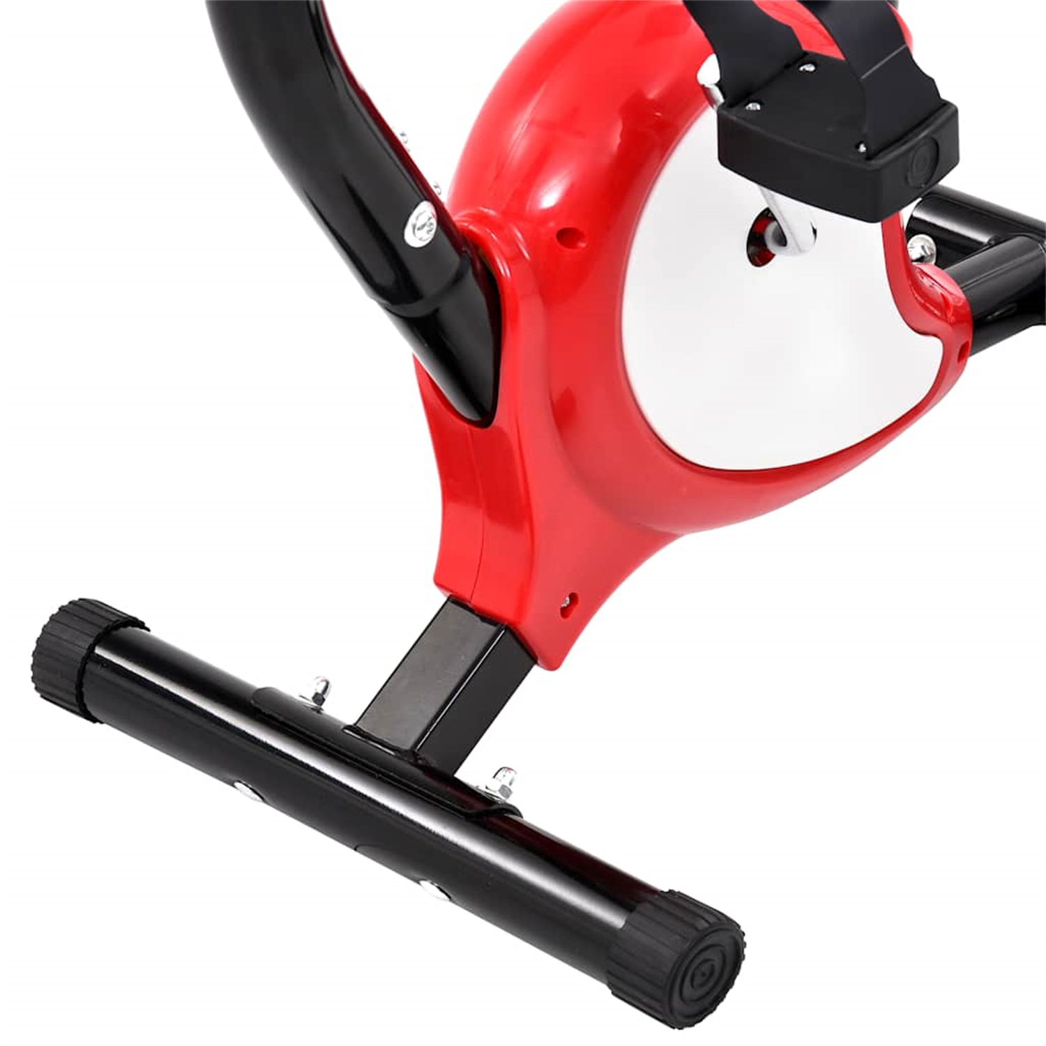 Basis eines stationären Heimtrainers in Rot und Schwarz. Der Hintergrund ist weiß.