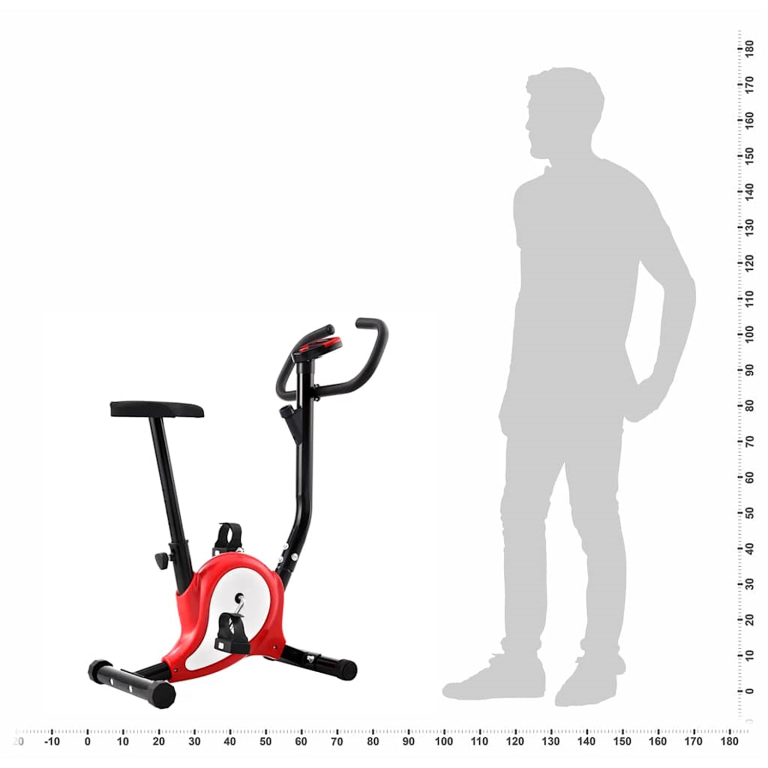 Rotes und schwarzes Heimtrainerrad mit Größenvergleich zu einer menschlichen Silhouette.