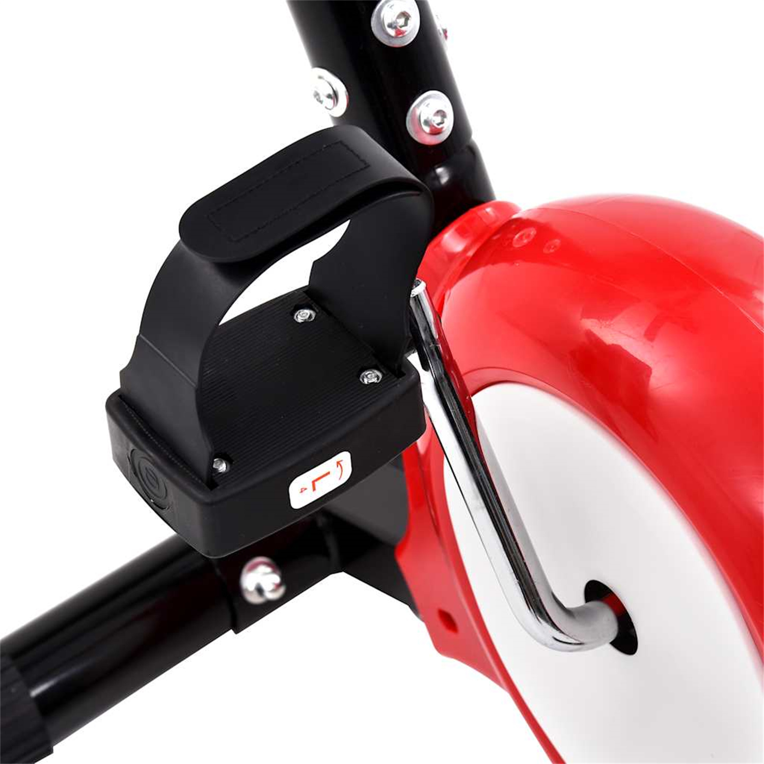 Rotes und weißes Heimtrainerpedal mit schwarzem Riemen und Metalldetails.