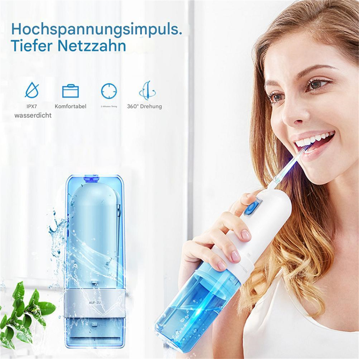 Eine Frau, die einen Wasserflosser benutzt. Der Flosser ist blau und weiß.