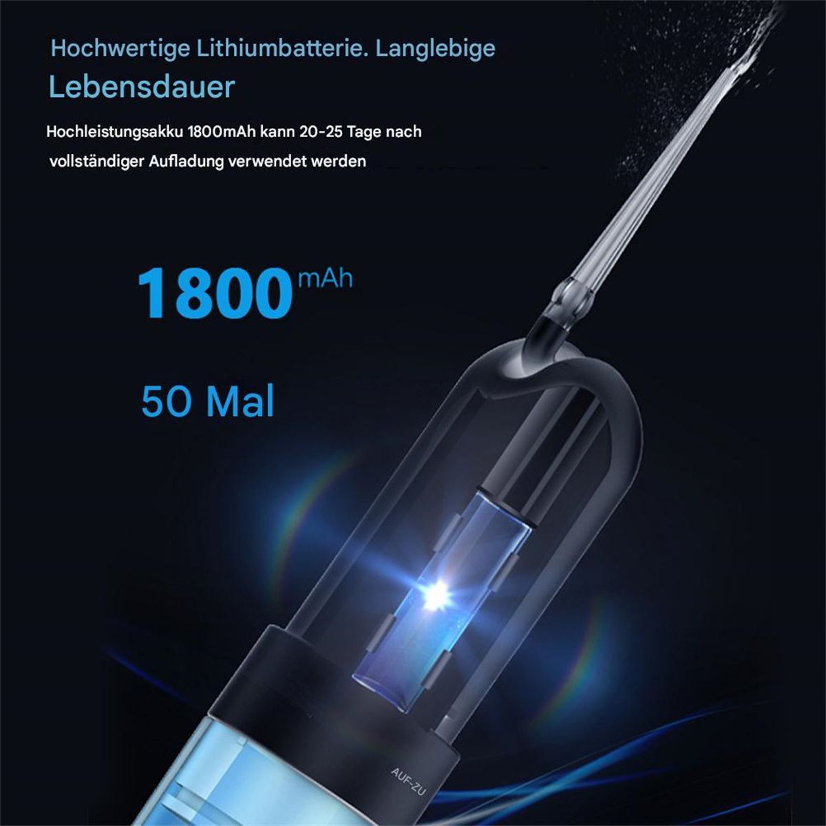 Ein Dental-Irrigator mit Text über seine Funktionen, einschließlich Akku und Lebensdauer.