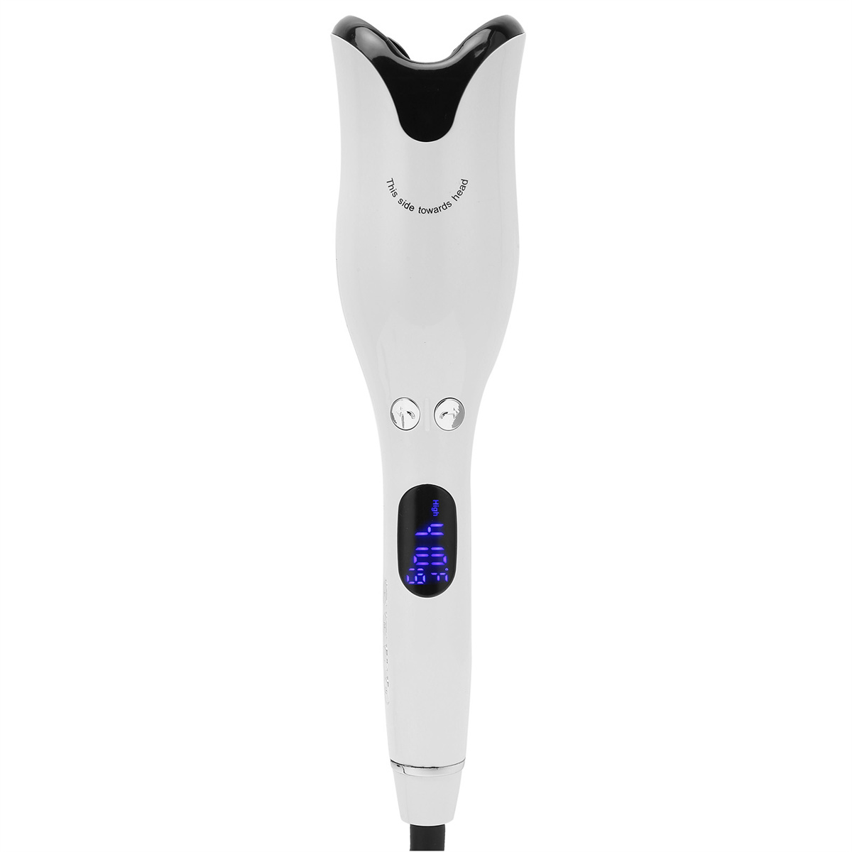 Ein weißer Haarlockenwickler mit Digitalanzeige und Knöpfen, mit schwarzem Oberteil.