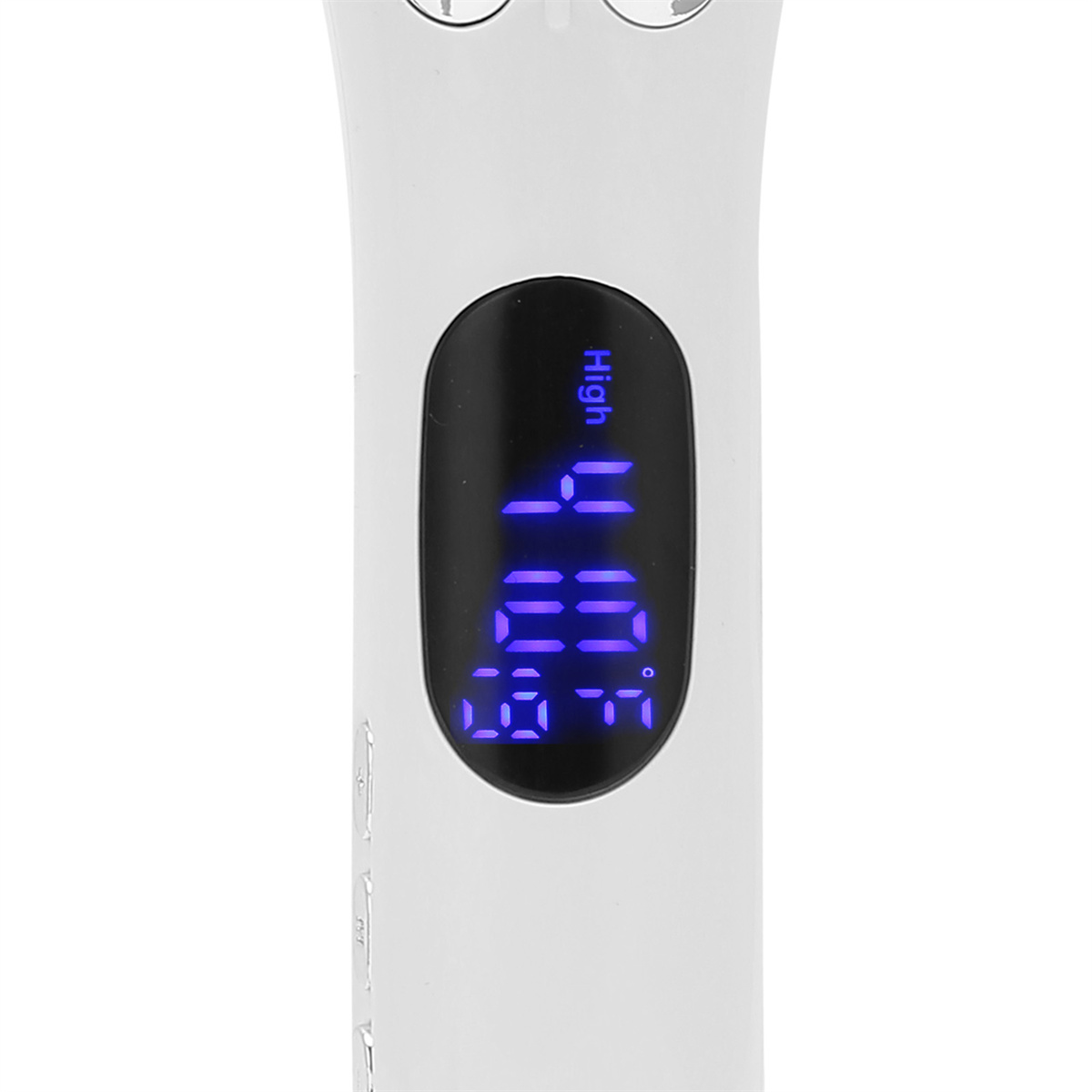 Nahaufnahme eines weißen Geräts mit einem Bildschirm, der Zahlen anzeigt. Der Bildschirm zeigt 'High' und eine Temperatur.