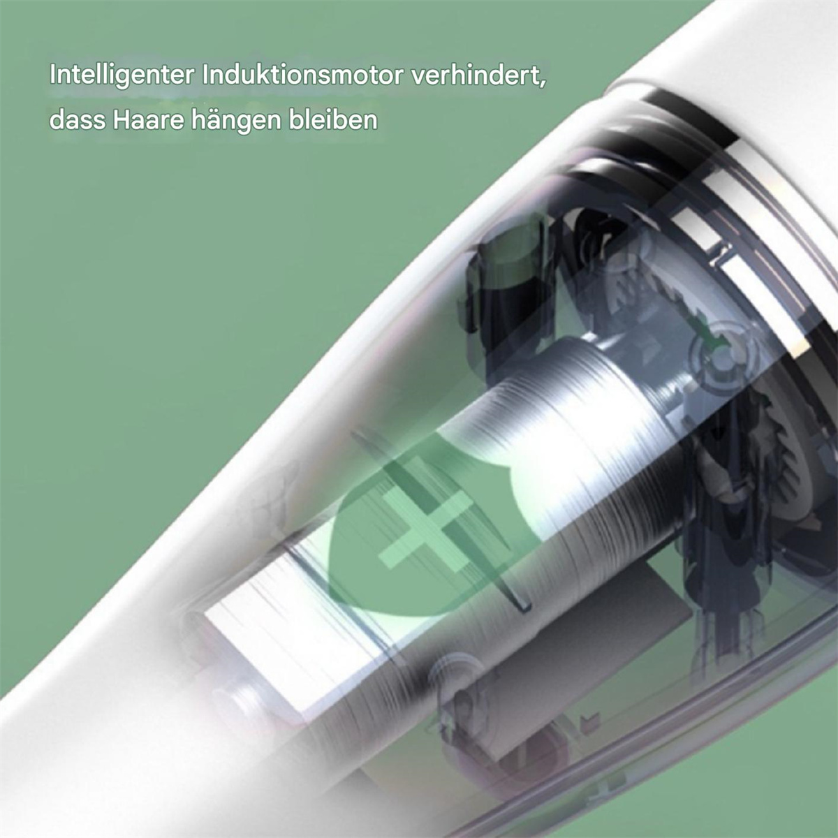 Nahaufnahme des Motors eines Elektrorasierers. In einer transparenten Hülle. Grünes Pluszeichen.