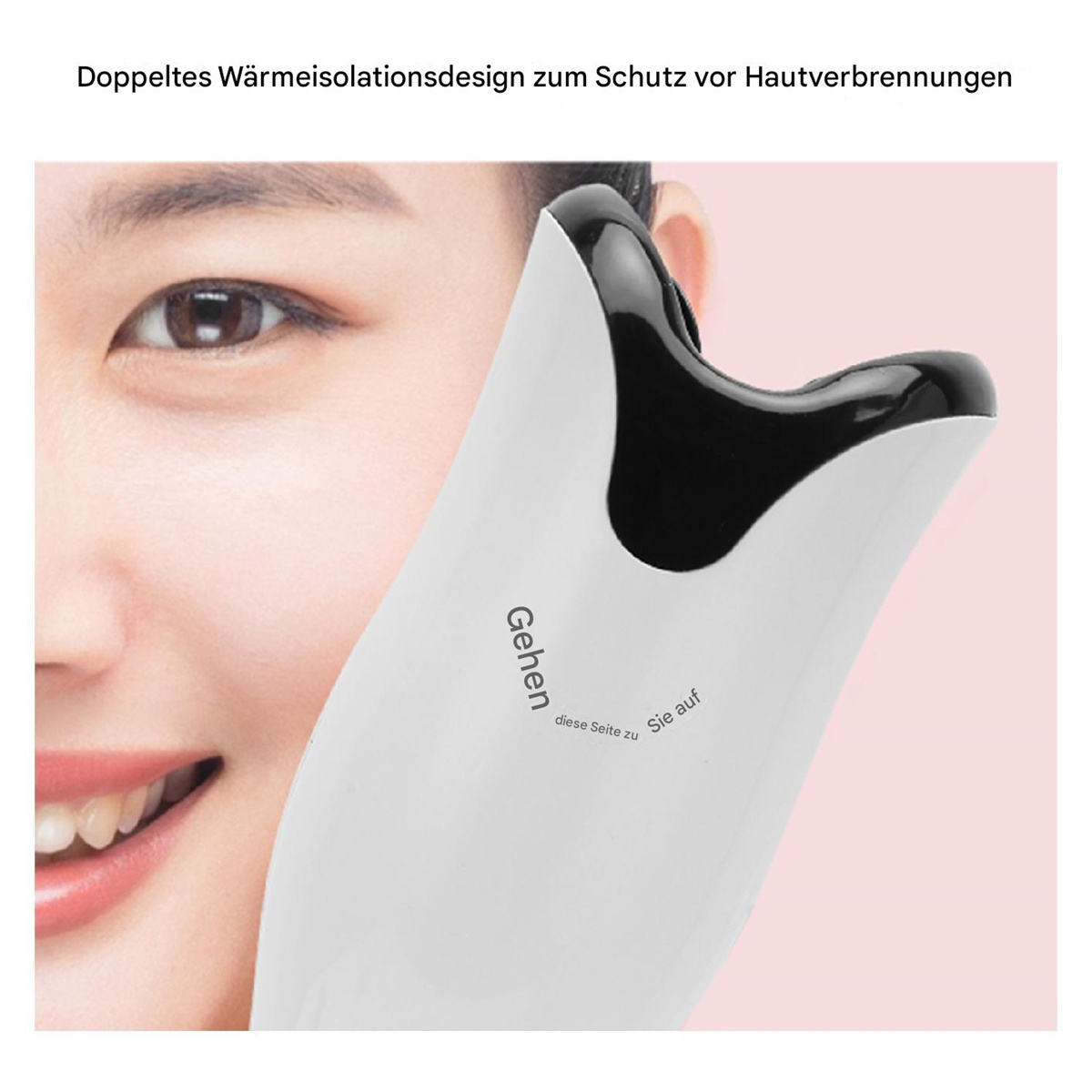 Eine Person, die ein weißes Schönheitsgerät im Gesicht verwendet, Nahaufnahme mit Text.