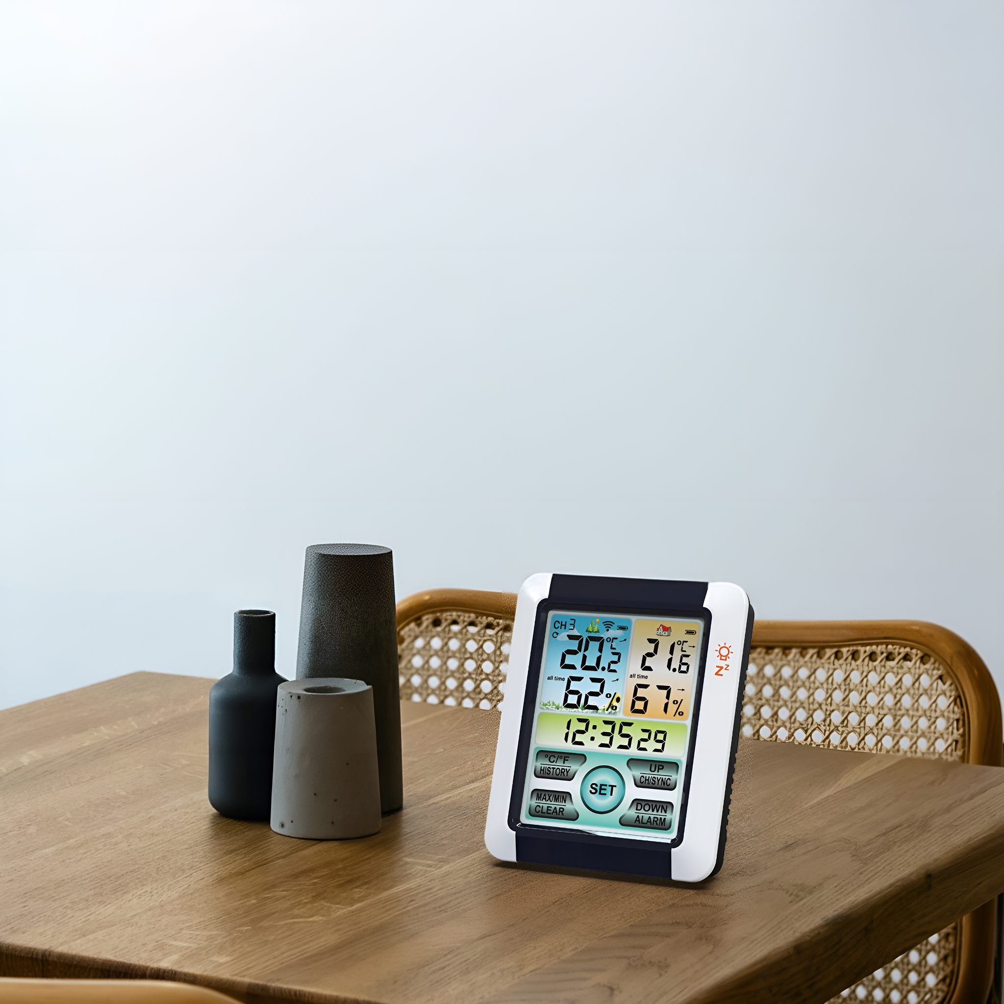 Digitale Wetterstation auf einem Tisch. Zeigt Temperatur, Luftfeuchtigkeit, Uhrzeit und Datum. Vase und Deko im Hintergrund.