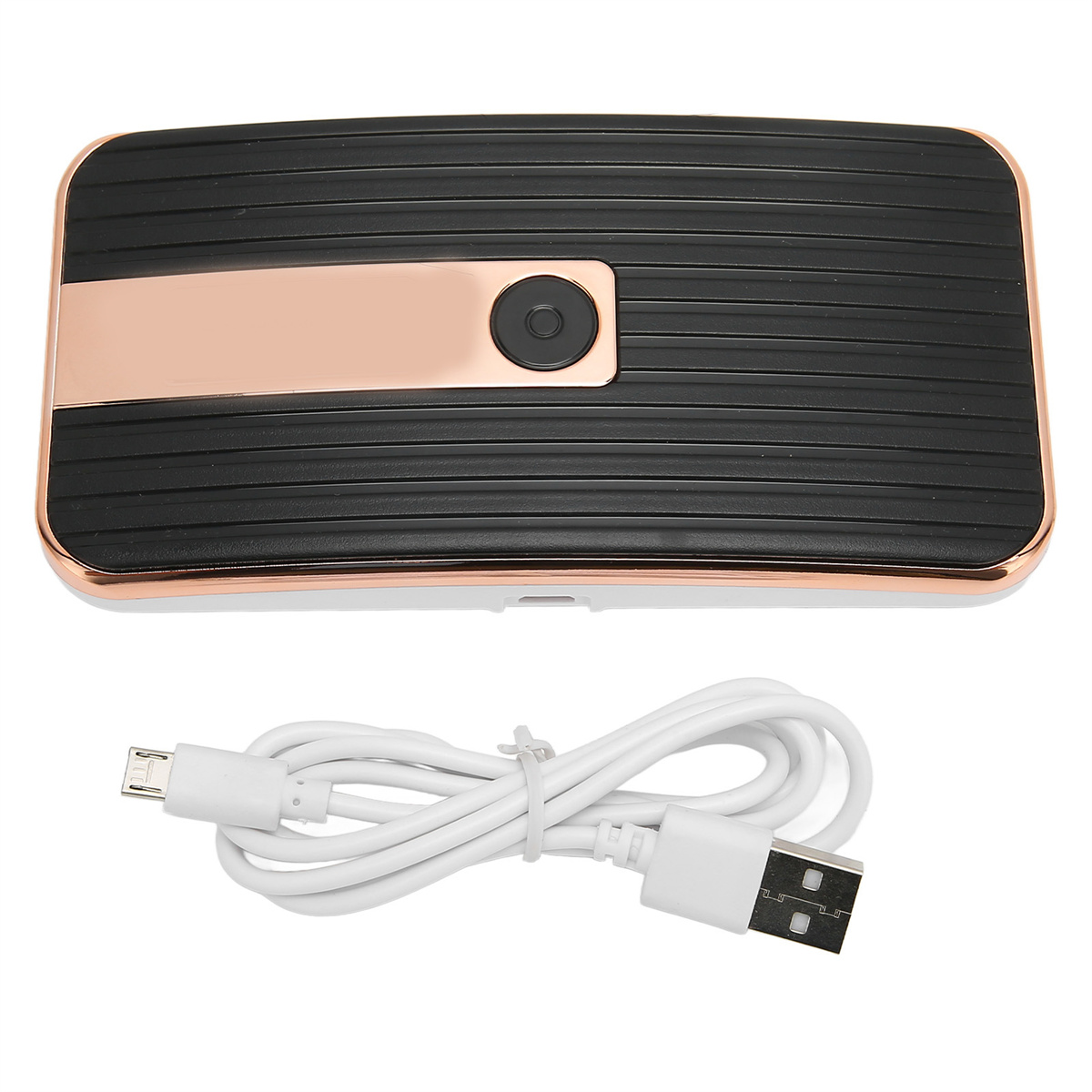 Ein schwarzes und roségoldenes Gerät mit Ladekabel. USB- und Micro-USB-Anschlüsse.