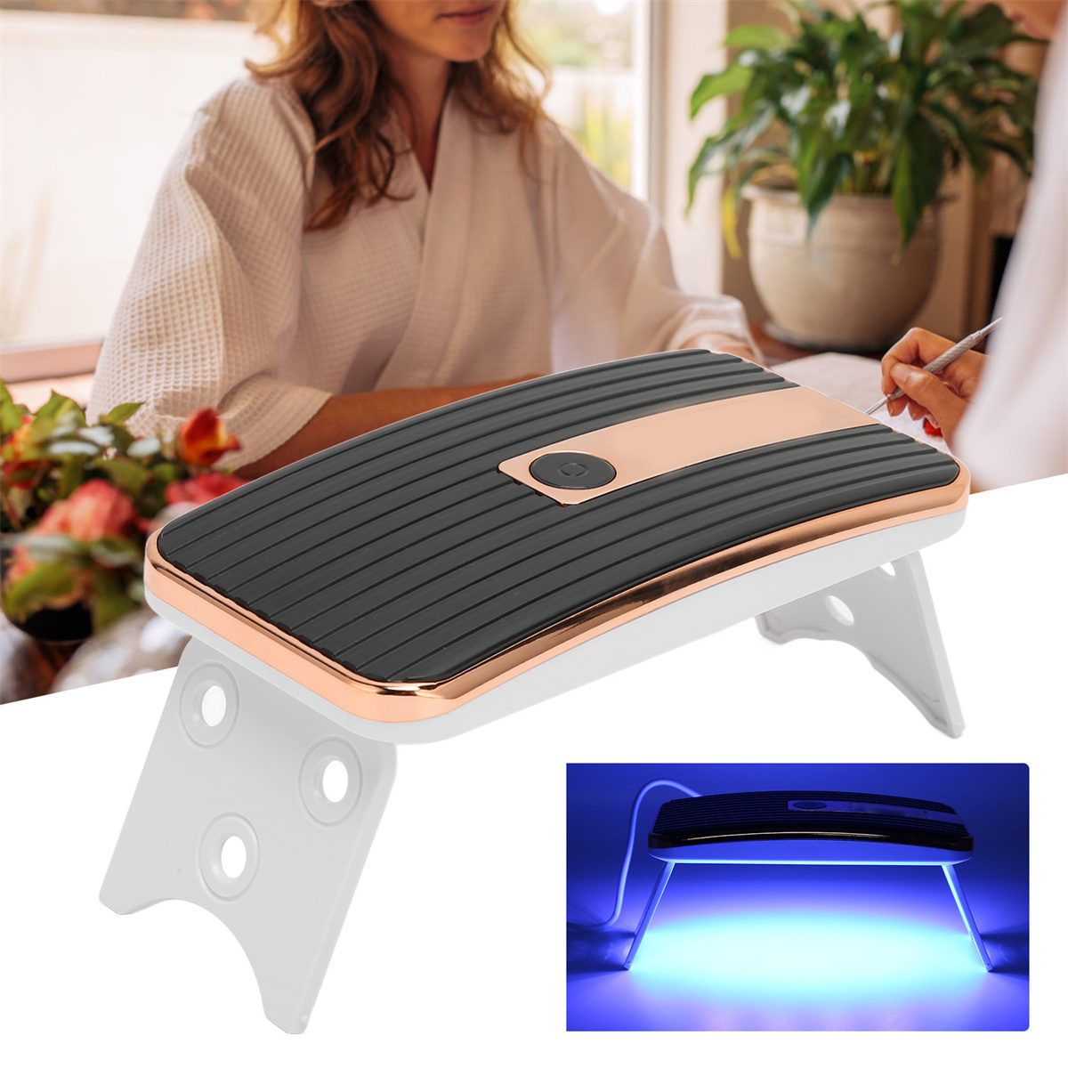Eine Frau benutzt eine Nagellampe, Maniküre in Arbeit. Eine kleinere Lampe wird gezeigt.
