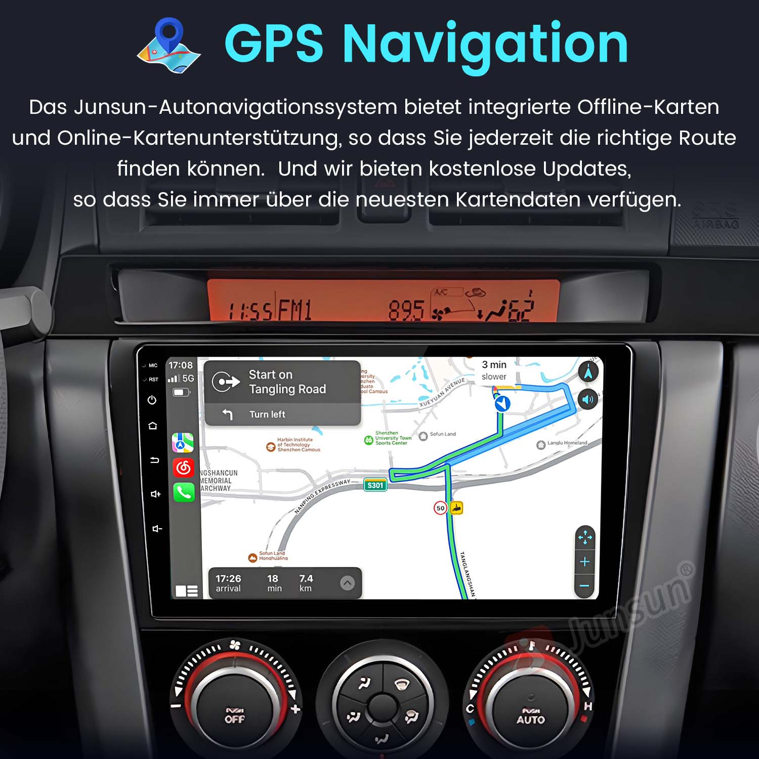 System nawigacji GPS w desce rozdzielczej samochodu. Ekran wyświetla mapę i elementy sterujące.