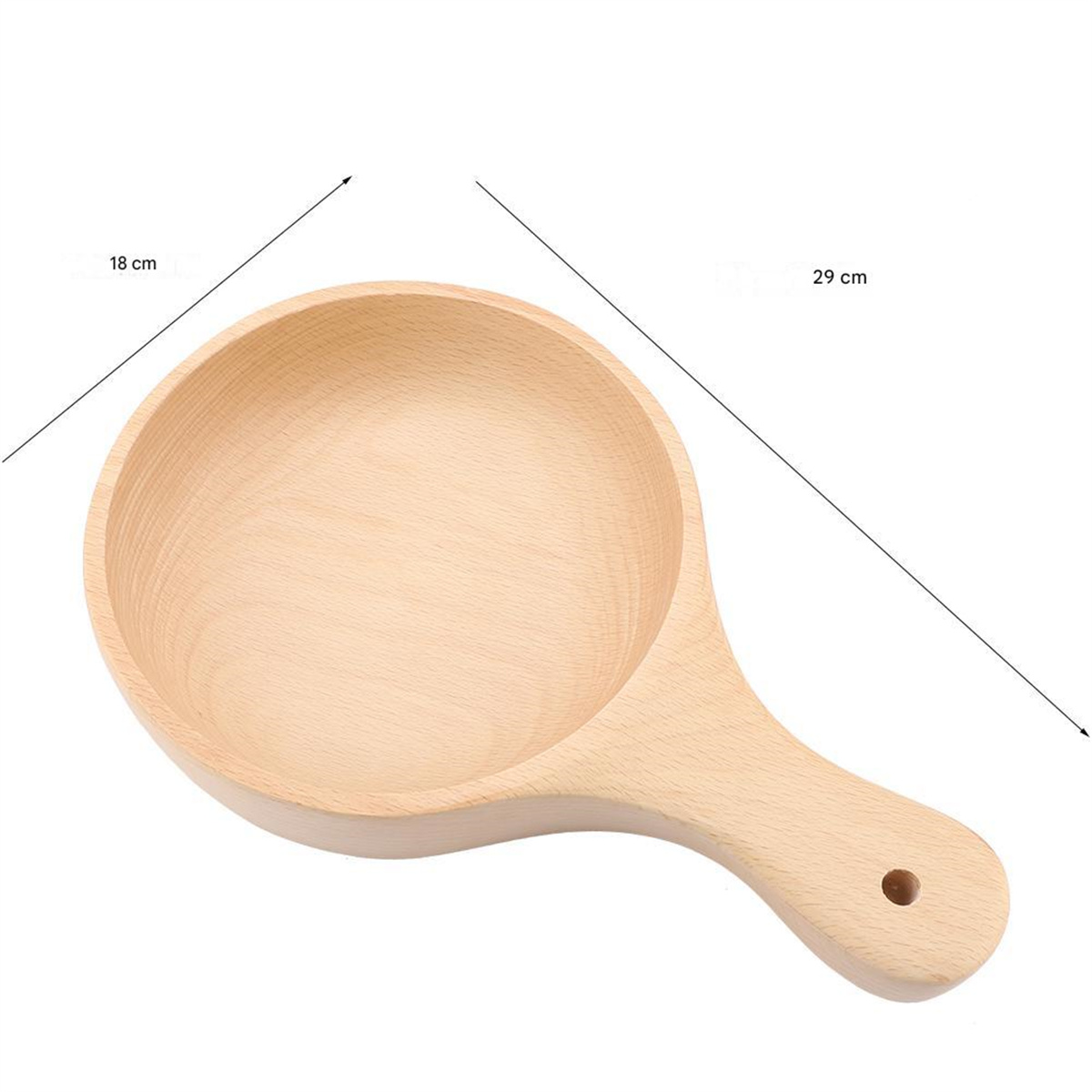 Eine Holzschüssel mit Griff, Maße sind angegeben: 18 cm Breite, 29 cm Länge. Die Schüssel ist leer.