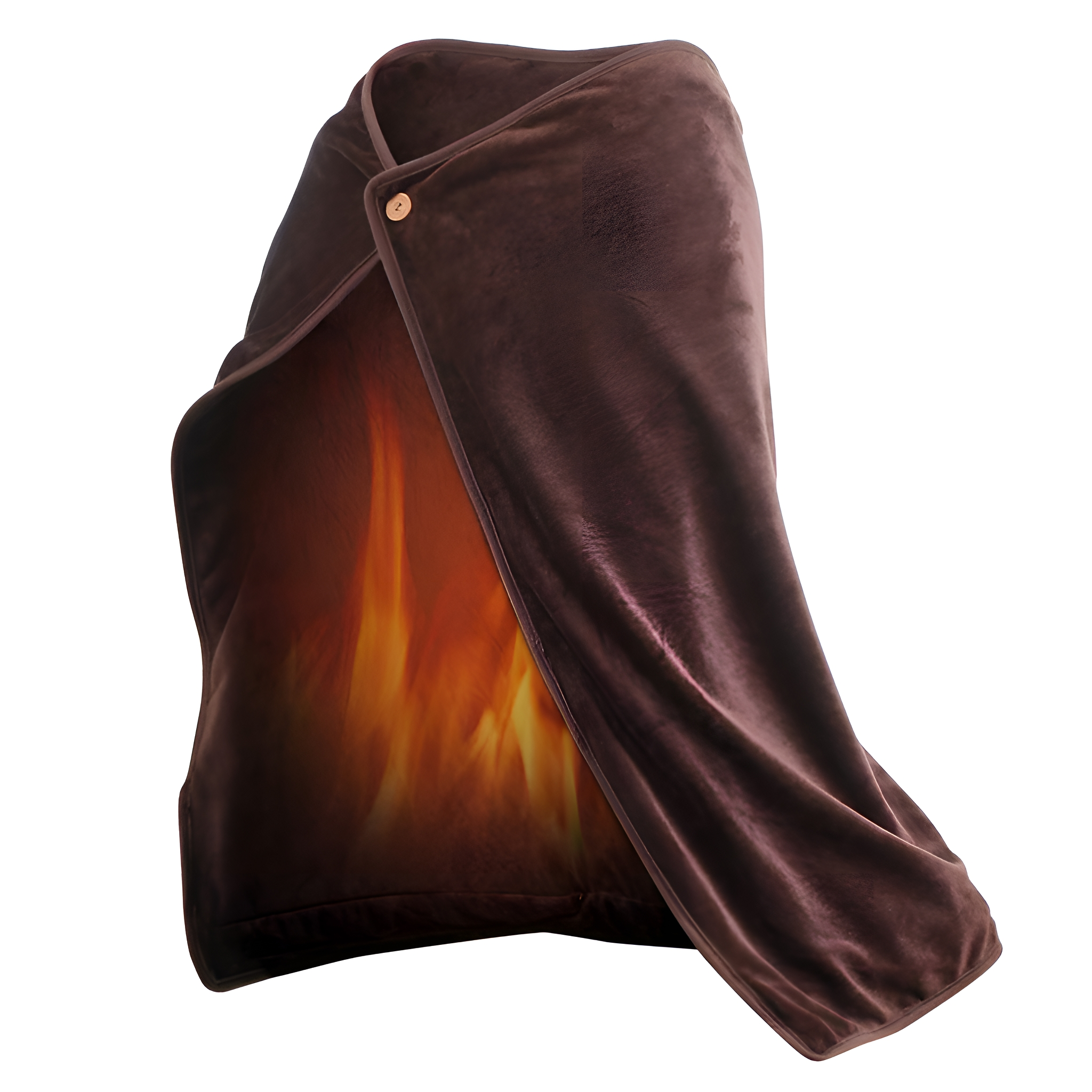 Braune Heizdecke mit Knopf und feuerähnlichem Muster innen.