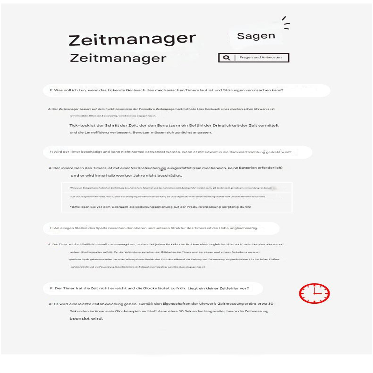 Deutsche Textseite mit dem Titel Zeitmanager und einer Uhrgrafik.