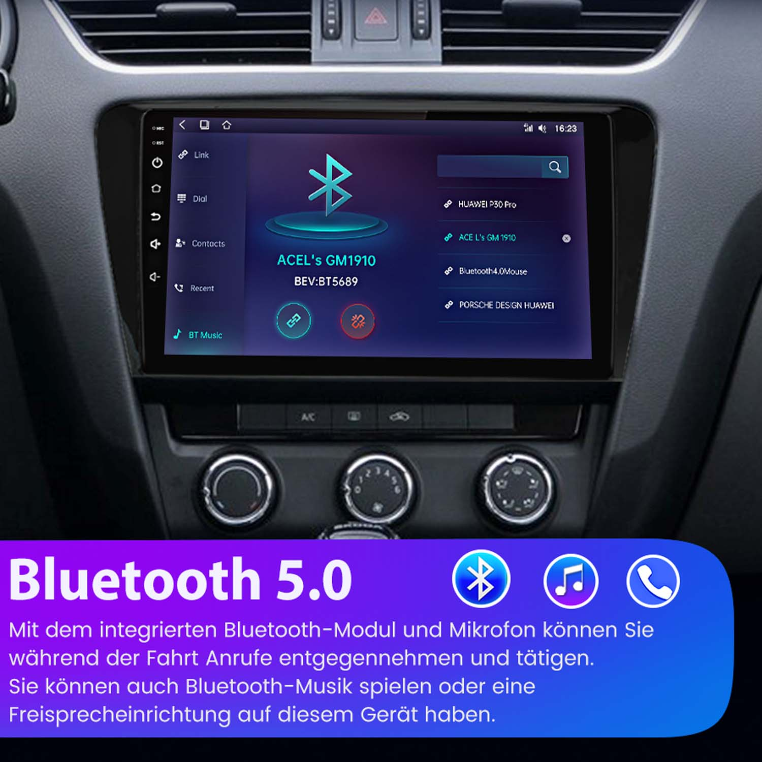 Deska rozdzielcza samochodu z ekranem wyświetlającym ustawienia Bluetooth. Dostępne różne opcje.