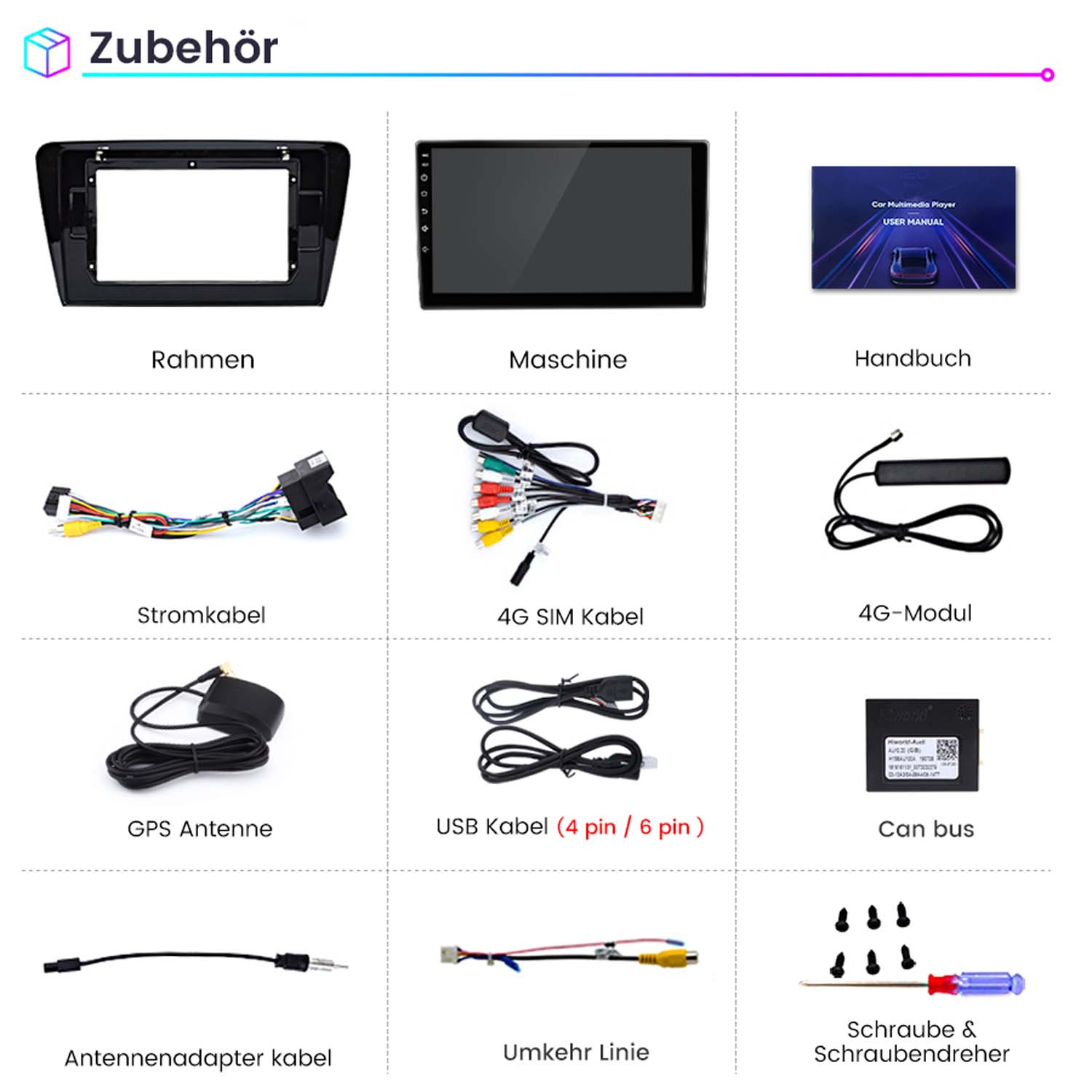 Verschiedenes Zubehör für Auto-Multimedia wird angezeigt. Die Artikel sind auf Deutsch beschriftet.