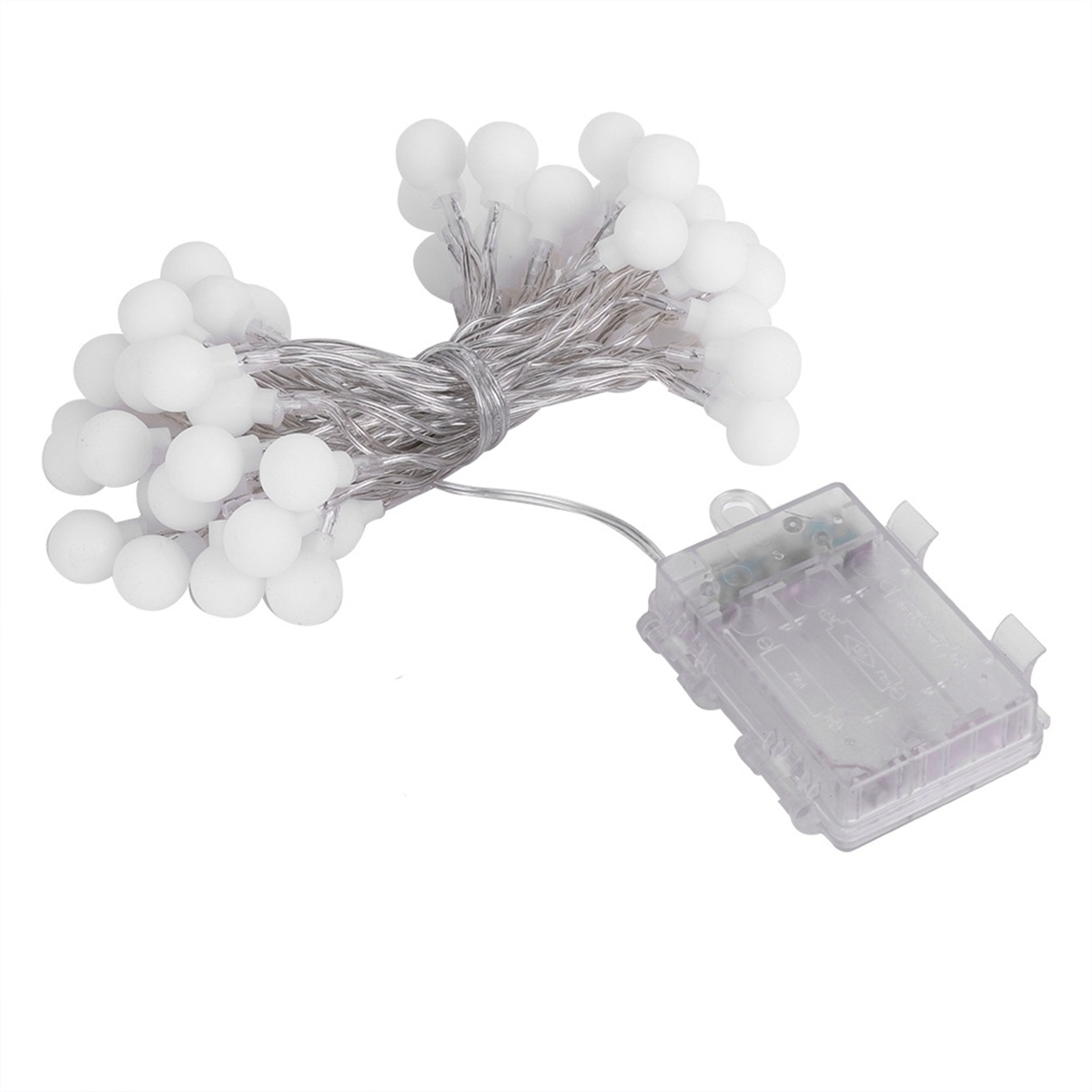Lichterkette mit weißen Glühbirnen und einem transparenten Batteriefach.