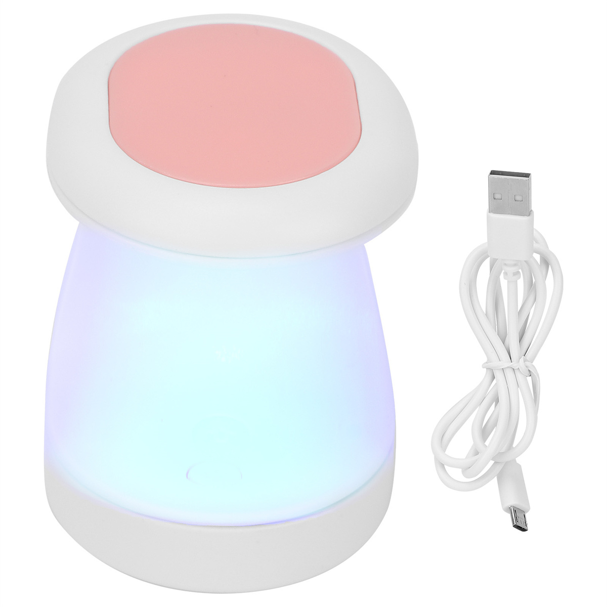 Eine weiße und rosa pilzförmige Lampe. Ein weißes USB-Kabel liegt daneben. Die Lampe strahlt farbiges Licht aus.