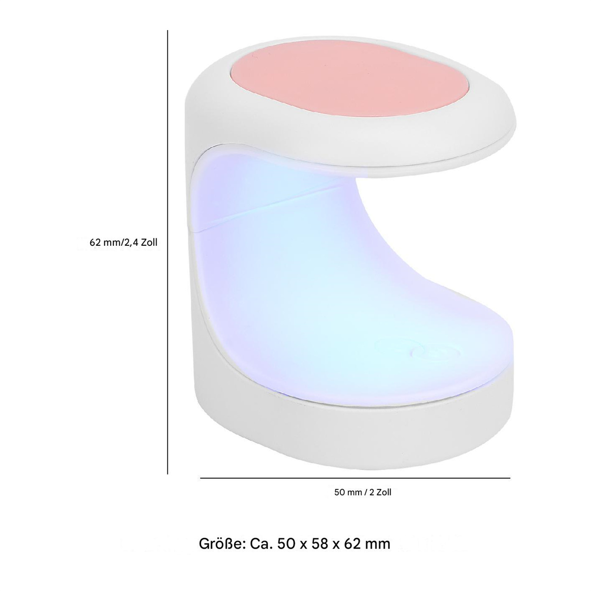 Weiße und rosa Nagellampe. Die Lampe hat ein gebogenes Design und die Abmessungen sind angegeben.